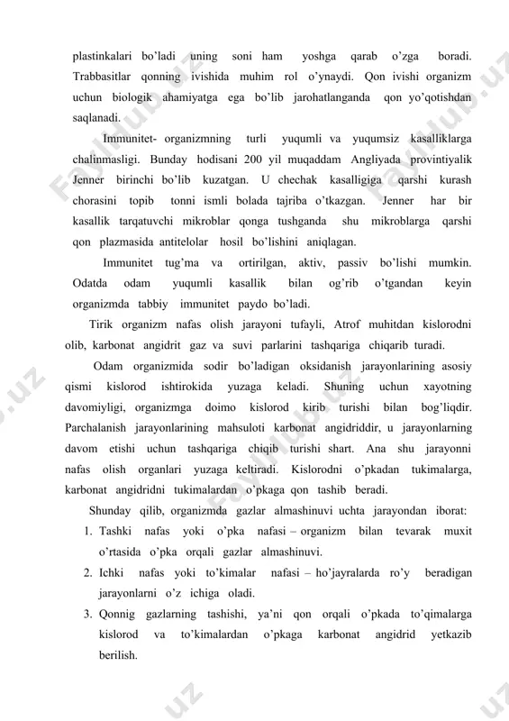 zib berilish. odam nafas olganda havo burunga, so’ngra burun halqumiga, hiqildokga, traxeyaga, bronxlarga, bronxiollalarga va nihoyat alviollarga kiradi. emadigan bolaning burni kattalarnikiga qaraganda kichikroq, kaltaroq, boshqa shaklda bo’ladi. pastki burun yo’li bo’lmaydi, burunning shilliq pardasi nozik qon tomirlarga boy, shuning uchun tumovda burun yo’llarining tikilib qolishiga, emishning qiyinlashuviga olib keladi. gaymar bo’shlig’i emadigan bolalarda sust rivojlangan bo’ladi. bronxlar tor, ularning tog’aylari yumshoq va muloyim bo’ladi. o’ng bronx deyarli tik holatni egallaydi, shuning uchun unga yot jismlar tez tushadi. shilimshiq bezlari kam miqdorda bo’lganligi uchun bronxlarning shilliq pardasi quruq, lekin qon tomirlarga boy bo’ladi. bu yallig’lanish protseslari va stenotik hodisalar paydo bo’lishini osonlashtirib qo’yadi. go’daklik davrida o’pka biriktiruvchi to’qimaga boy bo’lib qon tomirlar bilan mo’l ko’l ta’minlanadi, alveolalarning atrofidagi elastic to’qima sust rivojlangan bo’ladi. shuning uchun bolalar o’pkasida qon dimlanishi atelektaz, emfizema singari hodisalar osonroq yuzaga keladi. yallig’lanish protseslari boshlanib ketishiga qulay sharoit paydo bo’ladi. nafas olish bolalarda bir muncha yuzaki …