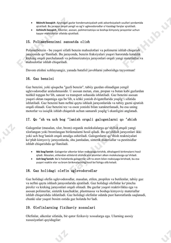 dlar (masalan, benzin, mazut) yuqori haroratda yoki katalizator yordamida yengil va qiymatli mahsulotlarga, jumladan, etilen, propilen va butadienga ajratiladi. kreking jarayoni neftni qayta ishlashning muhim qismi bo‘lib, neft mahsulotlarini diversifikatsiya qilishda yordam beradi. 10. to‘yinmagan birikmalarni olish turlari to‘yinmagan birikmalar, ya'ni alkenlar (olefinlar), ikki karbonli uglevodorodlardan iborat bo‘lib, ular reaktsiyaga kirishishda yuqori reaktivlikka ega. ularni olish uchun bir qancha kimyoviy jarayonlar qo‘llaniladi:  piroliz: yuqori haroratda kislorodsiz sharoitda uglevodorodlarni parchalaymiz, bu esa to‘yinmagan birikmalarni, masalan, etilen va propilen kabi alkenlarni beradi.  kreking: neftni qayta ishlash jarayonida og‘ir fraksiyalarni yengil alkenlarga aylantirish uchun kreking jarayoni qo‘llaniladi.  dehidrogenezlanish: alkanlardan alkenlarni olish uchun dehidrogenezlanish jarayoni ishlatiladi, bu jarayonlar uglevodorodlarni yuqori haroratda vodorod ajratib olish orqali to‘yinmagan birikmalarga aylantiradi. 11. alkenlarni ajratib olish alkenlarni ajratib olish jarayonlari asosan piroliz va kreking texnologiyalari yordamida amalga oshiriladi. alkenlar, xususan etilen va propilen, piroliz jarayonida tabiiy gaz yoki neft fraksiyalaridan olinadi. shu bilan birga, alkenlar …
