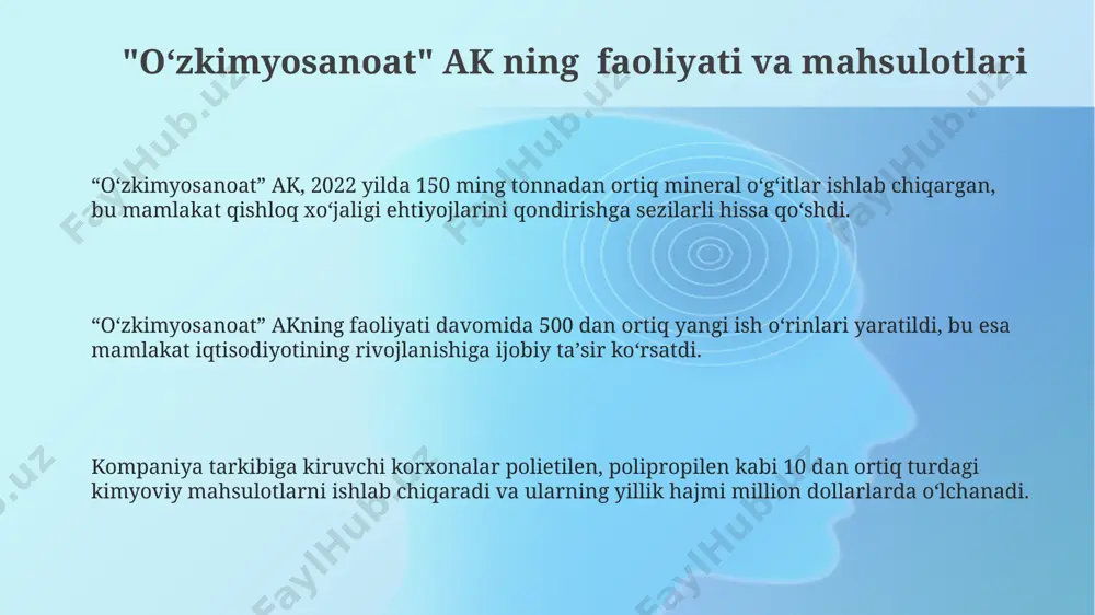 gazni qayta ishlash texnologiyalari yillik 5% ga yaqin samaradorlikni oshirishga imkon beradi va bu energiya tejashga olib keladi. "maxsusgaz" ak, yiliga 150 ming tonnadan ortiq suyuq gaz va 200 ming kub metrdan ziyod propilen ishlab chiqaradi, bu esa mamlakatning kimyo sanoatiga katta hissa qo'shadi. "ferganaazot" ak ning mahsulotlari va ishlab chiqarishi korxona tomonidan ishlab chiqarilayotgan mahsulotlarning 60% dan ortig'i eksportga yo'naltirilib, milliy iqtisodiyotga sezilarli hissa qo'shadi. “ferganaazot” ak ning ishlab chiqarish quvvatlari zamonaviy texnologiyalar bilan jihozlangan bo'lib, yillik ishlab chiqarish hajmini 20% ga oshirish rejalashtirilgan. “ferganaazot” ak yiliga 1 million tonnadan ortiq mineral o'g'itlar, jumladan ammiak, karbamid va ammoniy nitrat ishlab chiqaradi. e'tiboringiz uchun rahmat @taqdimot_robot image1.png