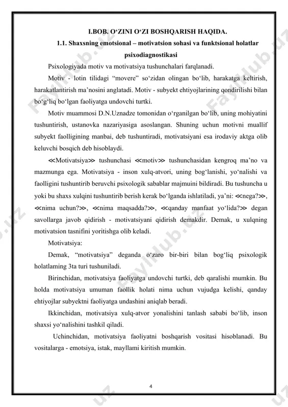 iyojlari - bilish, qila olish, tushunish, o‘rganish. •estetik ehtiyojlar - garmoniya, simmetriya, tartib, go‘zallik. • o‘z imkoniyatlarini namoyon etish ehtiyojlari - o‘z maqsadlari, qobiliyatlarini r’o‘yobga chiqarish. motivatsiya turlari: psixologiyada har xil faoliyat turlarida muvaffaqiyatga erishish motivatsiyasi nazariyasi ishlab chiqilgan. uning asoschilari amerikalik olimlar -d.makklelland, d.atkinson va nemis olimi x.xekxauzendir. bu nazariyaga ko‘ra odamning muvatlaqiyatga yo nahiriigan faoliyat bilan bog‘liq ikki motivi farqlanadi. • muvaffaqiyatga motivlashgan odamlarga xos xususiyatlar: oldilariga ijobiy maqsad qo‘yadilar; muvaffaqiyatga ishonadilar; barcha imkoniyatlarini ishga soladilar, qat’iyatli bo‘ladilar, o‘zlarini adekvat baholaydilar, internallar. • muvaffaqiytsizjikdan qochish motivatsiyasi ustun odamlarga xos xususiyatlar: ular faoliyatidagi asosiy maqsad muvaffaqiyatsizlikka uchrab qolmaslik, boshidanoq ishonchsizlikni namoyon qiladilar, tanqiddan qo‘rqadilar, salbiy emotsiyalami boshdan kechiradilar, o‘zlarini noadekvat baholaydilar, eksternallar. motiv - subyekt ehtiyojlarining qondirilishi bilan bogiiq boigan faoliyatga undovchi turtki. motivatsiya - insonning ehtiyojlari qondirilishi bilan bog‘liq bo‘lgan faoliyatga undovchi turtki motivatsiya - faollik nimaga yonaltirilganligini, nima uchun aynan mana shu xulq-atvor tanlanganligi sababi. motivatsiya - …