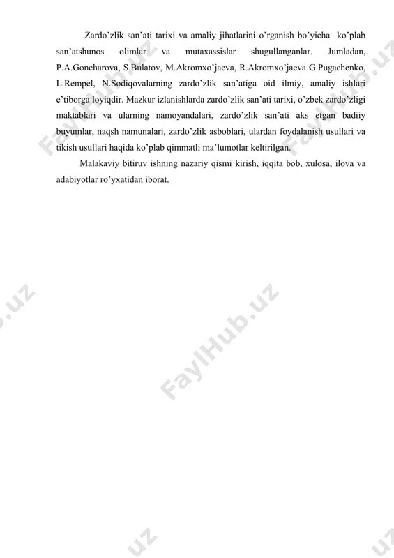 kirish, iqqita bob, xulosa, ilova va adabiyotlar ro’yxatidan iborat. 1.1. zardo’zlik san’atining tarixiy rivojlanishi. zardo’zlik san’ati o’zining uzoq tarixiga ega bo’lib, deyarli barcha sharq mamlakatlari uning vatani hisoblanadi. pliniyning aytishicha, vavilon kashtachiligi qadimdan mashhur bo’lib, matoga turli rangdagi iplar bilan kashta tikishni o’sha erda kashf etishgan. keyinchalik vavilon rim imperiyasi tarkibiga kirgach, zar, ipak yoki jun ip qo’shib tiqilgan rang-barang kashtachiligi bilan shuhrat qozongan. zardo’zlik san’atining an’analari vizantiyada ham rivoj topib, zardo’zi kiyim-kechaklar faqat imperator a’yonlari va aslzodalarigagina mansub bo’lgan. sosoniylar davrida eron podshohining saroyida ham zardo’zlik san’ati rivoj topgan deyishga asos bor, chunki bu mamlakat vizantiya bilan muntazam madaniy va siyosiy hamkorlik qilgan. hhozirgi eronda xv—xvii asrlardagi zardo’zlik namunalaridan anchagina yodgorlik saqlanib qolganligi badiiy an’analar uzoq yillar davomida rivojlanganligidan dalolat beradi. kadimgi rus ham vizantiyaga taqlid qilib zardo’zlik san’atini o’rgangan. xiii va xv asrlarda kichik osiyo doirasida paydo bo’lgan hamda vizantiya imperiyasini barbod qilgan usmonli turklar ham ushbu san’atga …