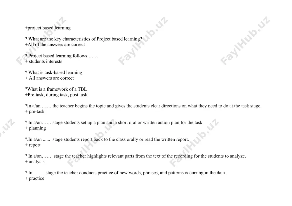 blem or answering a complex question. + project-based learning ? what are the 21st-century skills students need to succeed? + critical thinking, communication, collaboration, and creativity ? in project-based learning (pbl), the role of the teacher changes from content-deliverer to … . + all are correct ? students working on pbl projects find them ... . + engaging ? it is considered that pbl classes are … . + student-centered ? when … is implemented, students learn the content in teamwork + project-based learning ? in pbl classes students spend time … + creating a public product for a real audience. ? in project-based learning students use... + all are correct ? how many stages are there in a ppp? + 3 ?what is the aim of the “presentation” stage ? +to present the context ?choose the correct answer. what do the students do in the “practice” stage in a …