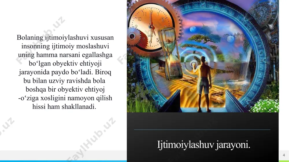 ar kiradi. имя или логотип 14 shaxs kelib chiqishi jihatidan ijtimoiy bo‘lgan, o‘z e’tiqodiga, qarashlariga, munosabatlariga, baholariga ega bo‘lgan subyekt shaxs deb ataladi. individ – odam bolasi individ sifatida dunyoga keladi. biz katta yoshdagi odamni ham, chaqaloqni ham, tilni va oddiy malakani egallay olmaydigan telbani ham individ deymiz. individ qachonki jamiyatga foydasi tegadigan bo‘lib, odamlar bilan ongli munosabatda bo‘lgandagina shaxs bo‘la oladi. individuallik – kishining o‘ziga xosligini, uning boshqa odamlardan farqini aks ettiruvchi psixologik fazilatlar birikmasidir. 15 имя или логотип 15 shaxsga ta’sir etuvchi omillar. 16 biologik omillar ijtimoiy omillar. maqsadli tarbiya omili. имя или логотип o‘zingizni anglab, siz erkinlikka erishasiz va erkinlik - bu kuch! 17 o‘z-o‘zini anglash nafaqat qiziqarli, balki baxt keltiradigan jarayondir! имя или логотип 17 mavzu yuzasidan nazorat savollari 18 1. ijtimoiylashuvga salbiy taʼsir etuvchi omillar? 2.tashqi va ichki omillarning ijobiy va salbiy taʼsirini bugungi kunda qanday koʻrinishlari mavjud? 3. shaxs ijtimoiylashuvida ekologiyaning taʼsiri mavjudmi? 4. …