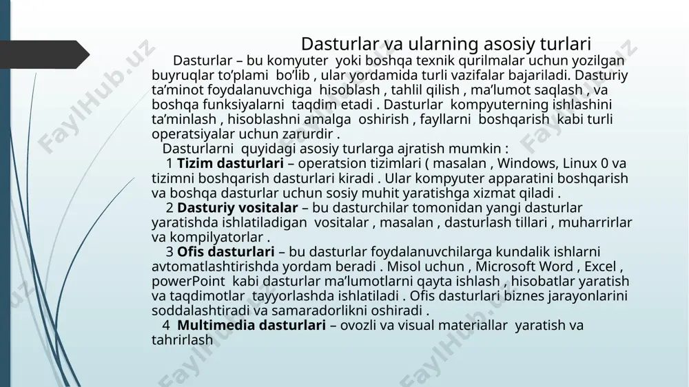 ash joylari va tarmoqlarni taqdim etuvchi xizmat. bu it infratuzilmasini xarid qilmasdan ijaraga olish imkonini beradi. misol: amazon web services (aws), google cloud. bulutli xizmatlarning afzalliklari: qulaylik va tezkorlik: xizmatlardan har qanday joyda va istalgan qurilmada foydalanish mumkin. moslashuvchanlik va masshtablilik: talablarga qarab xizmatlar hajmi osongina kengaytirilishi yoki qisqartirilishi mumkin. tejamkorlik: yangi apparat va dasturiy ta'minot xarid qilish zaruratini yo‘q qiladi. xavfsizlik: ko‘pgina bulut provayderlari maxfiy ma'lumotlarni himoya qilish uchun ilg‘or shifrlash va xavfsizlik choralari qo‘llaydilar. favqulodda vaziyatlarda tiklanish: ma'lumotlar zaxirasi mavjudligi xizmatning uzilishlaridan tez tiklanishni ta'minlaydi. bulutlarning turlari: ommaviy bulutlar: bir nechta foydalanuvchilar uchun taqdim etiladi (masalan, google drive). xususiy bulutlar: faqatgina bitta tashkilot uchun mo‘ljallangan (korporativ infratuzilma). gibrid bulutlar: ommaviy va xususiy bulutlarning kombinatsiyasi. ko‘p bulutli tizimlar: bir nechta bulut xizmatlarini birlashtiruvchi texnologiya. bulutli texnologiyalar zamonaviy it sohasida katta ahamiyatga ega bo‘lib, ular foydalanuvchilarga biznes jarayonlarini optimallashtirish va global darajada moslashish imkonini beradi . ijtimoiy tarmoqlar va messenjerlar …