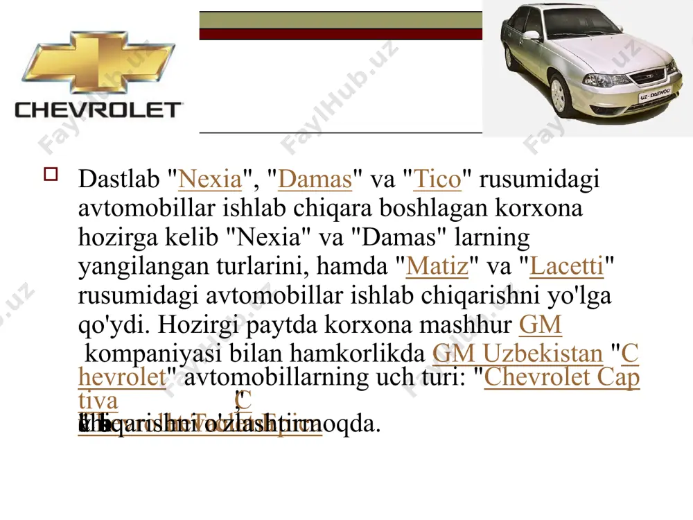 ogik imkoniyatlar, xususiyatlar va dizaynga asoslangan holda joylashtiradi, bu esa brendga pul uchun qiymat yaratish va bo'lajak mijozlar ongida yuqori brendni eslab qolishga yordam beradi . general motors kompaniyasining marketing strategiyasi general motors kompaniyasi global miqyosda avtomobillar, yuk mashinalari, krossoverlar va avtomobil qismlarini loyihalash, qurish va sotishda kashshof bo'lib, 1908 yilda tashkil etilgan amerikaning yetakchi korporatsiyasi hisoblanadi. kompaniya o'zining asosiy biznesini qo'llab-quvvatlash maqsadida general motors financial company, inc. (gm financial) orqali avtomobillarni moliyalashtirish xizmatlarini ham taklif etadi. u cadillac , buick, chevrolet , maven, onstar, fawjiefang, holden va wuling kabi brendlar bilan ishlaydi . image1.jpeg image2.jpeg image3.jpeg image4.jpeg image5.jpeg image6.jpeg image7.jpeg image8.jpeg image9.jpeg image10.jpeg image11.jpeg /docprops/thumbnail.jpeg