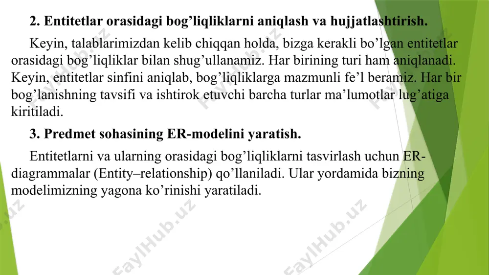 riy mantiqiy ma’lumotlar modeli noto’g’ri va biz uni tuzatishimiz kerak bo’lgan xatolarni o’z ichiga oladi. 5. ma’lumotlar yaxlitligini qo’llab-quvvatlash talablari va ularni hujjatlashtirish. talablar ziddiyatli ma’lumotlarni ma’lumotlar bazasiga kiritishni oldini olish maqsadida joriy qilingan cheklovlar shaklida namoyon bo’ladi, ya’ni ma’lumotlar bazamizni nekonsistent qilishdan saqlaydi. biz quyidagi turdagi cheklovlarni ko’rib chiqishimiz kerak: — majburiy ma’lumotlar. null-qiymatlarga ega bo’lishi mumkin bo’lmagan atributlar mavjudmi; — atribut qiymatlari uchun cheklovlar. atributlar uchun ruxsat berilgan qiymatlar; — entitetlar yaxlitligi. u birlamchi kalit entitetida null-qiymatlarga ega bo’lmasligi kerakligini ta’minlaydi; — havolali yaxlitlik. tashqi kalit qiymati ustunlardan birining birlamchi kalitidagi qiymat bilan o’xshash bo’lishi kerak; — biznes qoidalari tomonidan o’rnatilgan cheklovlar. har bir rol ma’lum operatsiyalarni bajarishi mumkin va biz bu cheklashlarni amalga oshirishimiz mumkin. 1.3. jismoniy loyihalash loyihalashning oxirgi bosqichi jismoniy - ya’ni, kompyuterning tashqi xotirasida joylashtiriladigan ma’lumotlar bazasining aniq amalga oshirilishini tavsiflash. bu ma’lumotlarni saqlash strukturasini va ma’lumotlar bazasiga samarali kirishni ta’minlaydigan metodlarni tasvirlaydi. mantiqiy …