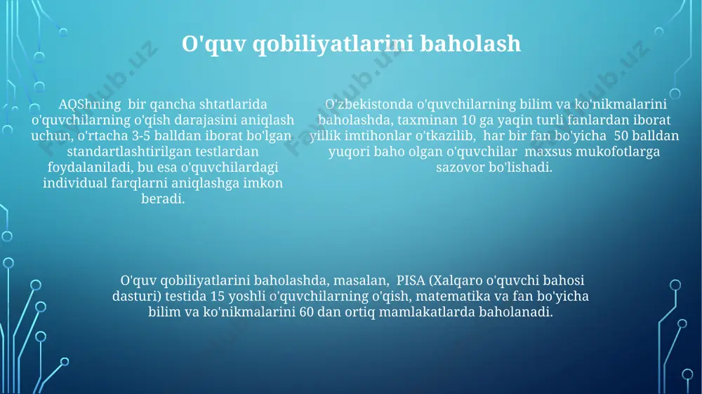 ekt) va turli xil maxsus qobiliyatlarni (s) o'z ichiga oladi, bu qobiliyatlarni wechsler intellekt shkalasi kabi testlar orqali o'lchash mumkin. fikrlash va muammo yechish muammo yechishda funksiya fiksatsiyasi, ya'ni obyektlarning odatiy funksiyalariga qarash, muvaffaqiyatga erishishni to'sqinlik qiladi; masalan, 2 ta qutini yordamida 3 metr balandlikdagi narsaga yetmoqchi bo'lsangiz, standart fikrlash sizni xato yo'lga olib borishi mumkin. fikrlashning 7 ta asosiy turi mavjud bo'lib, ularning har biri turli muammolarni yechishda samaraliroqdir; masalan, analitik fikrlash matematik muammolarni hal qilishda, divergent fikrlash esa ijodkorlikni talab qiladigan vaziyatlarda samaraliroqdir. 1920-yillarda gestalt psixologlari muammo yechishda "aha!" momenti deb nomlangan kutilmagan tushunchaning ahamiyatini aniqladilar; bu kashfiyotlar germaniya va aqshdagi tadqiqotlar orqali tasdiqlangan. motivatsiya va o'z-o'zini boshqarish goal-setting nazariyasi bo'yicha, aniq va o'lchanuvchan maqsadlar qo'yish (masalan, bir oyda 5 ta kitob o'qish) o'zbekistonlik o'quvchilarning motivatsiyasi va o'z-o'zini boshqarish ko'nikmalarini sezilarli darajada yaxshilaydi. o'zbekiston maktablarida o'tkazilgan tadqiqotlar shuni ko'rsatdiki, 80% ga yaqin o'quvchilar o'z-o'zini boshqarish ko'nikmalariga ega emaslar …