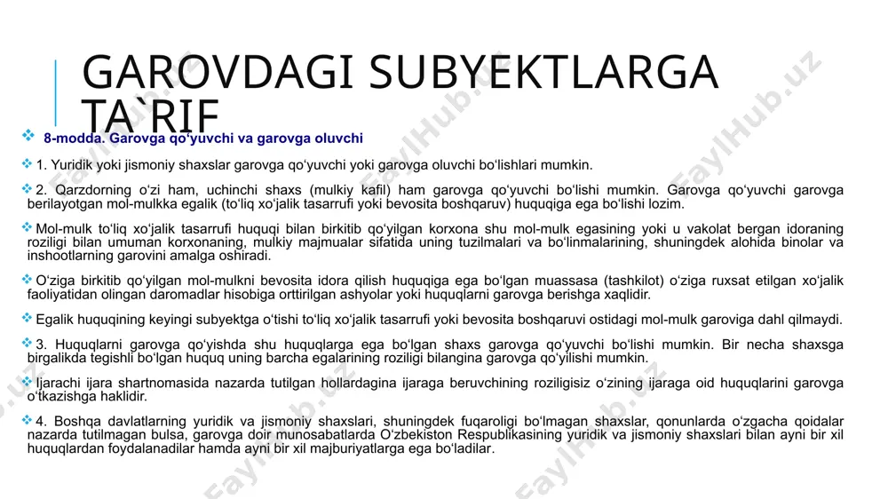 garov narsasi bo‘lishi mumkin emas. 2. garov huquqi kelgusida garovga qo‘yuvchining egaligiga (to‘liq xo‘jalik tasarrufiga yoki bevosita boshqaruviga) o‘tadigan mol-mulkka nisbatan shartnoma bilan tatbiq etilishi mumkin. 3. basharti, shartnomada yoki qonunlarda o‘zgacha qoida nazarda tutilmagan bo‘lsa, mol-mulkka nisbatan garov huquqi mol-mulkning ashyolarini ham, tarkibiy samarasini ham o‘z ichiga oladi. mol-mulkka nisbatan garov huquqi shartnomada yoki qonunlarda nazarda tutilgan hollarda, doirada va tartibda ajratib bo‘ladigan samarani, bo‘lg‘usi hosilni, chorva mollar naslini, buyum keltiradigan daromadlarni o‘z ichiga olishi mumkin. 4. tarixiy, madaniy yoki o‘zga qimmati tufayli yoxud davlat xavfsizligi nuqtai nazaridan garov qo‘llanilishi mumkin bo‘lmagan obyektlar ro‘yxati o‘zbekiston respublikasi vazirlar mahkamasi tomonidan belgilab qo‘yilad navbatdagi garov tushunchasi 14-modda. navbatdagi garov 1. agar garov shartnomasida o‘zga qoida nazarda tutilmagan bo‘lsa, takroriy va keyingi garovlarga yo‘l qo‘yiladi. bu holda avvalgi garovga oluvchining (avvalgi garovga oluvchilarning) garovi o‘z kuchini saqlab qoladi. 2. garov huquqi keyinroq vujudga keladigan garovga oluvchining talabi avvalgi garovga oluvchining talablari to‘liq …