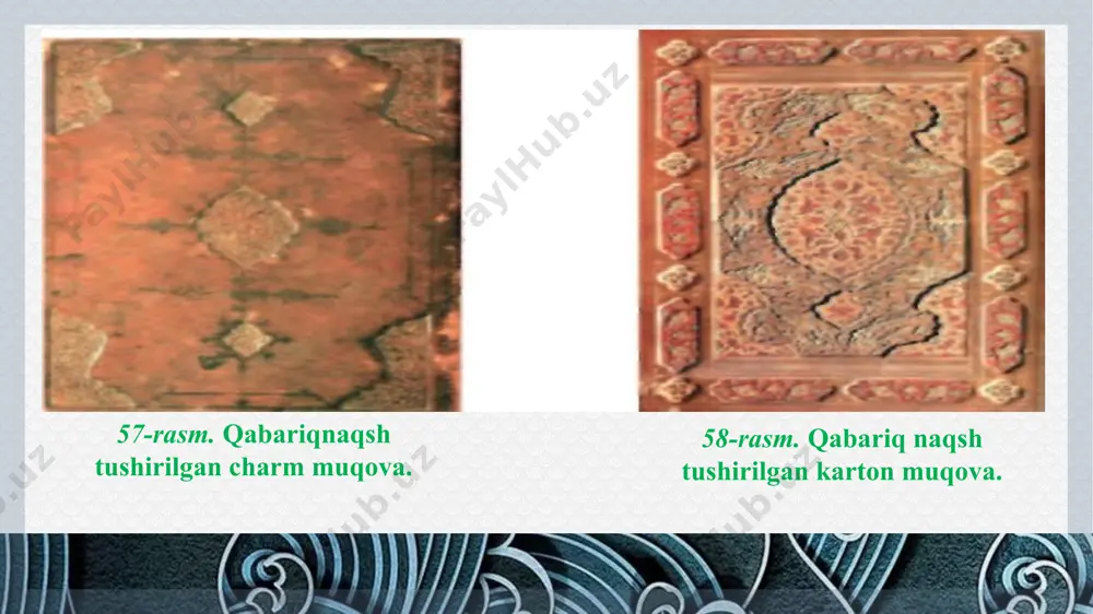 flari va b.) deb ataladi. kolontitul zarur bo'lgan materialni topishda mundarija vazifasini o'taydi. illustratsiya (lotincha «illustratio» - aniqlashtirmoq, ravshanlashtirmoq) -kitob bezovchi rassomning kompozitsion mushohadasi, tasviriy mahoratini to'la namoyon etish uchun imkon yaratib beruvchi badiiy-grafik element. ` shuning uchun ham tasviriy san'at darslarida turli janrdagi adabiy asarlarga illustratsiya ishlashga ko'proq e'tibor qaratilgan. kitobat san'ati tarixidan shu narsa ma'lumki, bir asarga bir nechta rassom turli yillarda qayta-qayta murojaat etib, har safar o'ziga xos yangilik kiritishi mumkin. m.servantesning «don kixot» asariga illustratsiyalar ishlagan xose del kostilo (1780), gyustav dore (1863), onore dome (1868), xegenbart (1951), kukriniksilar (1953) va p.pikasso (1955)lar asarning badiiy yechimini o'ziga xos uslubda hal etgan. xuddi shunday holni g'.g'ulom asarlariga, o'zbek xalq ertaklariga telman muhamedov va abduboqi g'ulomovlar tomonidan ishlangan illustratsiyalarda ham ko'rish mumkin. ` 62-rasm. illustratsiyalar: a) shrifitli; b) sujetli; d) naqshinkor. ` shuningdek, sharafiddin ali yazdiyning «zafarnoma», nizomiy, dehlaviy, navoiylarning «xamsa»lariga, firdavsiyning «shohnoma»si va shu ka~ bi qadimiy …