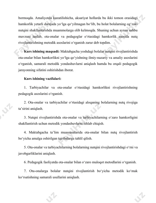 ishlab chiqish. kurs ishining obʼyekti: maktabgacha ta’lim muassasalaridagi tarbiyachilar va ota-onalar o‘rtasidagi hamkorlik jarayoni tanlanadi. ushbu jarayon bolalarning nutq faoliyatini rivojlantirishga qaratilgan pedagogik yondashuvlar orqali amalga oshiriladi. kurs ishining tarkibiy tuzilishi: kurs ishi kirish, uchta asosiy bob, har bir bob bo‘limlardan iborat, xulosa, foydalanilgan adabiyotlar ro‘yxatidan tashkil topgan. i bob. oilaviy tarbiya va mtt faoliyatida nutq o‘stirishning pedagogik asoslari 1.1. tarbiyada oilaning o‘rni va bola nutqining rivojiga ta’siri oila – bolaning ilk tarbiya maskani bo‘lib, uning shaxsiyati, dunyoqarashi, axloqiy va madaniy xulq-atvori shakllanishida beqiyos rol o‘ynaydi. aynan oilada bola ilk so‘zlarni eshitadi, talaffuz qiladi va muloqot qilishga odatlanadi. bola hayotining dastlabki bosqichida onaning, keyin esa butun oila a’zolarining mehribonlik bilan yondashuvi uning emotsional holati, o‘ziga bo‘lgan ishonchi va tabiiy ravishda nutqining shakllanishiga asos bo‘ladi. oila muhitida ona va ota tomonidan bolaga beriladigan mehr, e’tibor, u bilan olib boriladigan muloqotlar uning so‘z boyligi, talaffuz tozaligi hamda mantiqiy fikrlashiga bevosita ta’sir ko‘rsatadi. …
