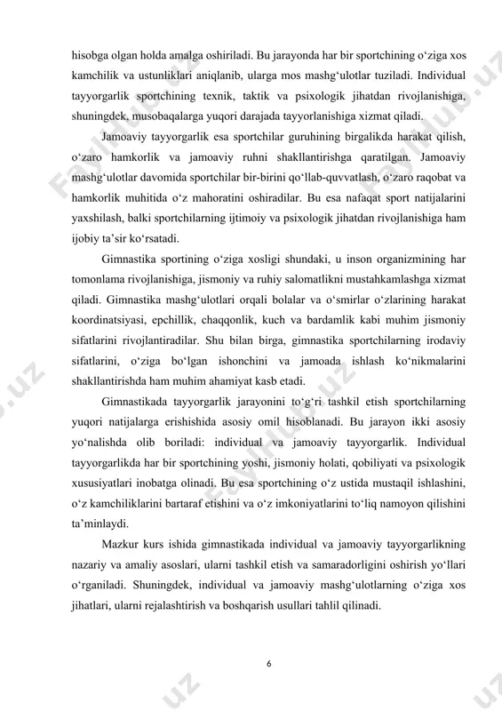 lari, ularni rejalashtirish va boshqarish usullari tahlil qilinadi. kurs ishining maqsadi – gimnastikada individual va jamoaviy tayyorgarlikning ahamiyatini ochib berish, ularni samarali tashkil etish bo‘yicha ilmiy va amaliy tavsiyalar ishlab chiqishdan iborat. mazkur kurs ishida gimnastikada individual va jamoaviy tayyorgarlikning nazariy asoslari, ularni tashkil etish va amalga oshirish usullari, shuningdek, samaradorligini oshirish yo‘llari chuqur o‘rganiladi. kurs ishida individual va jamoaviy mashg‘ulotlarning o‘ziga xos jihatlari, ularni rejalashtirish va boshqarish usullari, shuningdek, zamonaviy pedagogik va innovatsion yondashuvlar tahlil qilinadi. kurs ishining dolzarbligi shundaki, bugungi kunda sportchilar va murabbiylar oldida turgan asosiy vazifalardan biri – tayyorgarlik jarayonini ilmiy asosda tashkil etish, har bir sportchining imkoniyatlarini to‘liq ochib berish va jamoaviy natijalarni yuqori darajaga ko‘tarishdan iborat. shu sababli, ushbu mavzuni o‘rganish va amaliyotga tatbiq etish sport sohasida muhim ahamiyat kasb etadi. kurs ishining maqsadi – gimnastikada individual va jamoaviy tayyorgarlikning ahamiyati, ularni tashkil etishning samarali usullarini o‘rganish va amaliyotda qo‘llash bo‘yicha tavsiyalar ishlab chiqishdan …