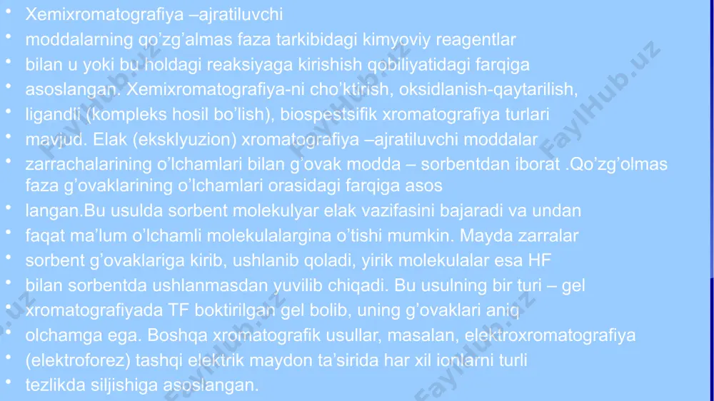 an, polistirol-divinilbenzol). ular: keng ph oraliqda ishlaydi, yuqori almashinuv sig‘imiga ega, oqsillar va nuklein kislotalar bilan ishlashda ko‘p qo‘llaniladi. b) noorganik asosli sorbentlar masalan, silikagel asosli sorbentlar: yaxshi mexanik mustahkamlikka ega, lekin ph 8 dan yuqori muhitda tez yemiriladi. c) gibrid sorbentlar bu turdagi sorbentlar organik va noorganik komponentlarning kombinatsiyasidan iborat bo‘lib, ularning ustunliklarini birlashtiradi. 3. sorbentdagi funksional guruhlar ion almashinish uchun zarur bo‘lgan funksional guruhlar sorbent yuzasiga kimyoviy usulda biriktiriladi. ular quyidagicha bo‘ladi: katyon almashuvchilar uchun: sulfonat guruhlari (–so₃⁻) karboksilat guruhlari (–coo⁻) anion almashuvchilar uchun: kvaterner ammoniy guruhlari (–nr₃⁺) ikkinchi va uchinchi darajali aminlar (–nh₂, –nhr) 4.sorbent tanlovining ajratishga ta’siri 5.sorbentning turi va funksional guruhlari: ionlar bilan bog‘lanish kuchiga, ajratish vaqtiga, selektivlik va aniqlikka ta’sir qiladi. ion almashinish xromatografiyasi yordamida ionlarning ajralishini amaliy tekshirish.ajralgan ionlarning miqdorini aniqlash va natijalarni tahlil qilish. ajralgan ionlarning miqdorini aniqlash usullari ionlarning miqdorini aniqlashda turli analitik usullar qo‘llaniladi. mashhur metodlardan ba'zilari: gravimetrik usul eritmadan …