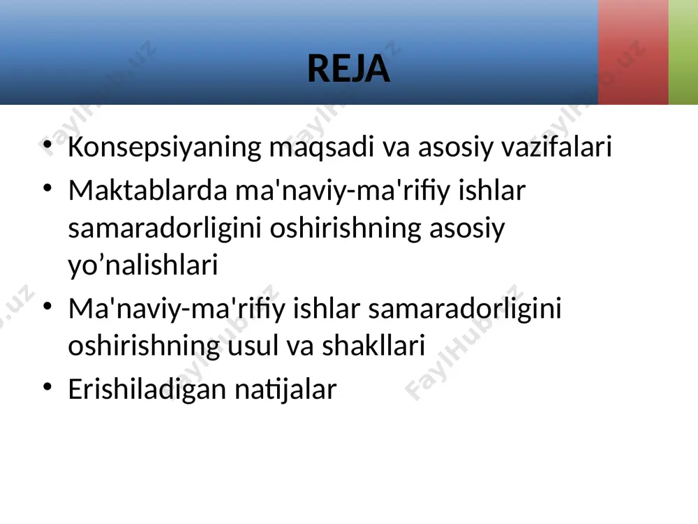 ktab ta'limini umummilliy harakatga aуlantirish yо’nalishi 1. maktab jamoasi, ota-onalar hamda jamoatchilikning o’zaro munosabatlarida odob-ahloq va ichki tartib-qoidalarga rioya qilinishi maktabning ijtimoiy-ma'naviy muhitini belgilab beradi. bunda: “o’zbekiston - vatanim manim” mavzusida tashkil etiladigan ijodiy ishlar tanlovi orqali o’quvchilarda vatanga sadoqat, milliy g’urur va iftixor tuyg’ularini yanada kuchaytirish; 3-bob. maktablarda ma'naviy-ma'rifiy ishlar “davlat ramzlari - faxrim, g’ururim” mavzusidagi tadbirlar orqali o’quvchilar ongida vatanimiz ramzlarini ulug’lash va ardoqlash tuyg’usini tarbiyalash; “davlat tili - millat ruhi” goyasi asosida turkum ma'naviy- ma'rifiy, adabiy-badiiy tadbirlar tashkil qilish; tizimli tahdillar asosida “namunali maktab direktori”, “namunali ustoz”, “namunali o’quvchi” va “namunali ota-ona” modellarini ishlab chiqish; maktabdagi mavjud holatni o’rganish va tahlil qilish mezonlarini ishlab chiqish hamda shu asosda ijtimoiy-ma'naviy muhitni baholash orqali maktablarni “qizil”, “sariq” va “yashil” toifalarga ajratish; 3-bob. maktablarda ma'naviy-ma'rifiy ishlar “qizil” toifadagi maktablarda ijtimoiy-ma'naviy muhitni sog’lomlashtirish maqsadida idoralararo hamda keng jamoatchilik hamkorligini samarali tashkil etish; “sariq” toifadagi maktablarda aniqlangan kamchiliklarni bartaraf etish choralarini ko’rish; …