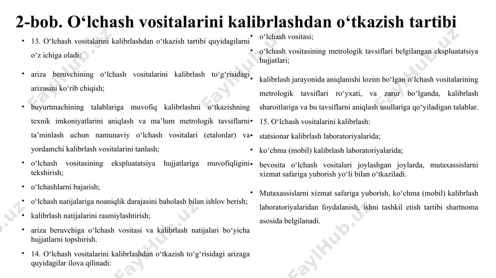 mlarni ajratadi; sifatli kalibrlash ishlarini o‘tkazish uchun barcha sharoitlarni ta’minlaydi; o‘lchash vositalarini kalibrlash foydalanish joyida o‘tkazilgan taqdirda — kalibrlashni amalga oshiradigan ijrochiga tegishli bo‘lgan kalibrlash va yordamchi vositalarning saqlanishini ta’minlaydi; ko‘chma (mobil) kalibrlash laboratoriyasidan foydalanilganda — uning muhandislik kommunikatsiyalariga ulanishini ta’minlaydi, u turadigan joyni taqdim etadi, shuningdek, uning saqlanishini ta’minlaydi. 17. ijrochi bir ish kuni mobaynida arizani ko‘rib chiqadi va ariza beruvchi bilan o‘lchash vositalarini kalibrlashdan o‘tkazish to‘g‘risida shartnoma tuzadi yoki kalibrlashni o‘tkazish imkoni bo‘lmagan taqdirda ariza beruvchiga kalibrlashni o‘tkazishni rad etishning asoslangan sabablari ko‘rsatilgan xat yuboradi. o‘lchash vositalarini kalibrlashdan o‘tkazish uchun shartnomalar elektron shaklda ham tuzilish mumkin. 18. o‘lchash vositalarini kalibrlash ijrochi tomonidan o‘lchash vositalarini kalibrlashdan o‘tkazishga tuzilgan shartnomaga asosan to‘lov amalga oshirilgan kundan boshlab o‘n ish kuni mobaynida o‘tkaziladi. o‘lchash vositalarini kalibrlashdan o‘tkazish davomiyligi o‘n ish kunidan oshmasligi kerak, kalibrlashdan o‘tkazish vaqtining normasi texnik jihatdan tartibga solish sohasidagi normativ hujjatlarda belgilangan talablarga muvofiq ko‘rsatilgan muddatdan oshadigan o‘lchash vositalari …