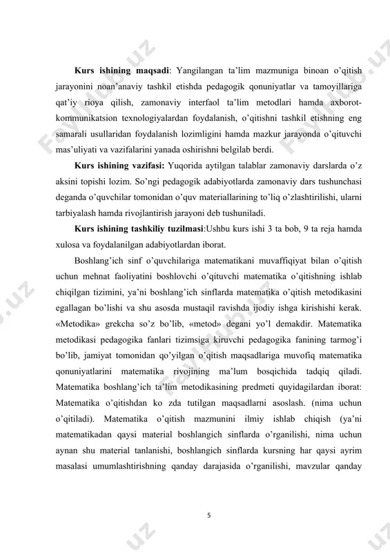 lar va hisoblash vositalaridan foydalana olish malakalarini tarkib toptirishga qaratilgan. o’quvchilarni mustaqil ravishda matematik bilimlarni egallashga o’rgatish. o’quvchilar imkoni boricha mustaqil ravishda qonuniyat munosabatlarini ochishlari, kuchlari etadigan darajada umumlashtirishlar qilishlari, shuningdek, og’zaki va yozma xulosalar qilishga o’rganishlari kerak. o’qitish samaradorligining zaruriy va muhim sharti o’quvchilarning o’rganilayotgan materialni o’zlashtirishlari ustidan nazoratdir. didaktikada uni amalga oshirishning turli shakllari ishlab chiqilgan. bu o’quvchilardan og’zaki so’rash; nazorat ishlari va mustaqil ishlar; uy vazifalarini tekshirish, testlar, texnik vositalar yordamida sinash kabi usullardir. didaktikada dars turiga, o’quvchilarning yosh xususiyatlariga va h.k. bog’liq ravishda nazoratning u yoki bu shaklidan foydalanishning maqsadga muvofiqligi masalalari, shuningdek, nazoratni amalga oshirish metodikasi yetarlicha chuqur ishlab chiqilgan. boshlang’ich maktabda matematika o’qitish metodikasida mustaqil va nazorat ishlari, o’quvchilardan individual yozma so’rov o’tkazishning samarali vositalari yaratilgan. ba’zi didaktik materiallar dasturning chegaralangan doiradagi masalalarining o’zlashtirilishini reyting tizimida nazorat qilish uchun, boshqalari boshlang’ich maktab matematika kursining barcha asosiy mavzularini nazorat qilish uchun mo’ljallangan. ayrim didaktik materiallarda …