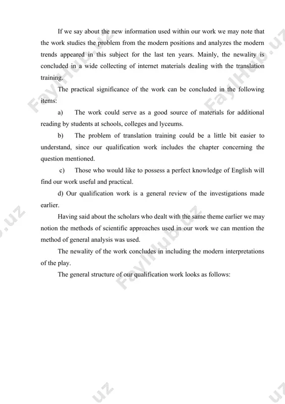 consists of two chapters, which, in their [footnoteref:1]turn, are subdivided into several thematic paragraphs. the first chapter of the main part discusses the translation training as the aspect of learning foreign languages. here we gave the general description of the translation and analyzed all types of translation. we also studied the modern methods used for improving of translation. the second chapter thoroughly takes into consideration the peculiar features of translation techniques and gives a comparatively large number of practical recommendations for improving translation skills. we also mentioned the scholar’s opinions concerning the investigating subject. the work is meant by itself as a compilation to the previous twos and studies the question of the russian influence onto the enlarging of the english language and the questions of translation caused with it. we also mentioned here the question connected with the problem of teaching translation skills at schools. in conclusion to our …