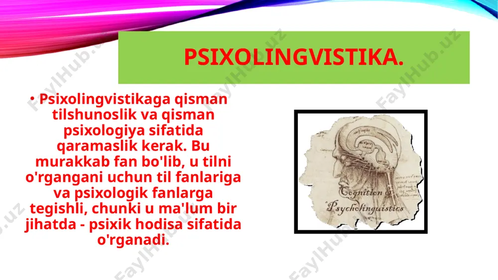 at kontseptsiyasiga) va l.v.ning lingvistik merosiga tayangan. shcherba va uning maktabi, ayniqsa faol grammatika talqini bo'yicha. psixologik tilshunoslikning turli sohalari asosida rivojlanib, psixolingvistika uning ona tili sifatida insonga bo'lgan qiziqishini va tilni inson nutq faoliyatining dinamik tizimi sifatida ko'rib chiqish istagini o'zlashtirdi. e’tiboringiz uchun rahmat!!! image2.png image3.png image4.jpeg image5.jpeg image6.jpeg image7.png image8.jpeg image9.jpeg image10.jpeg image11.png image12.jpeg image13.jpeg image14.jpeg image1.png /docprops/thumbnail.jpeg