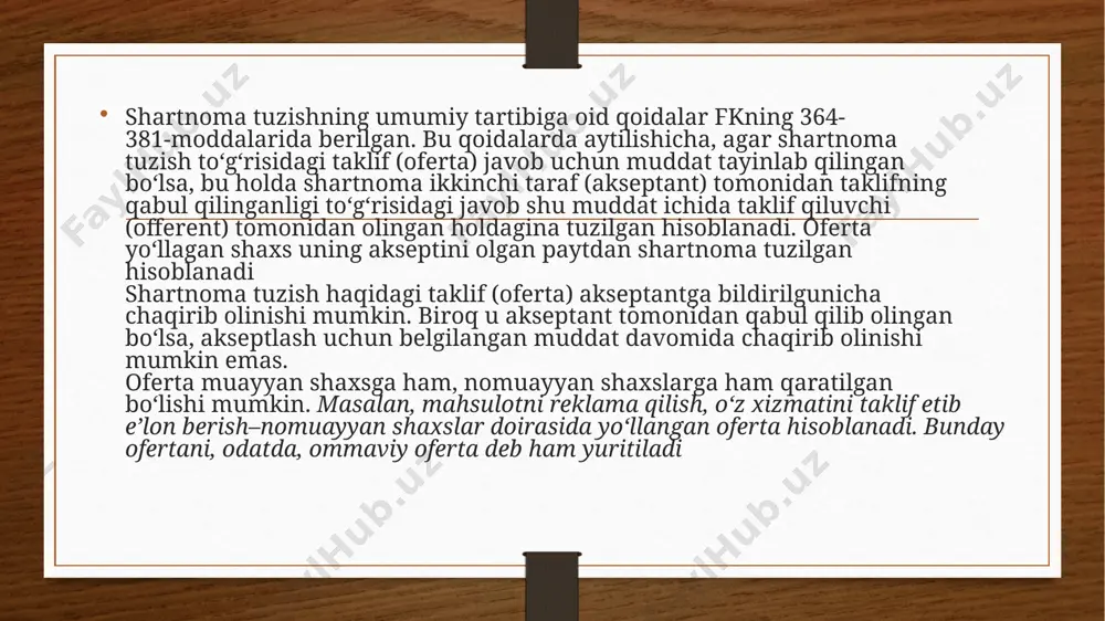 shartnomani jiddiy oʻzgargan vaziyatga muvofiqlashtirish yoki uni bekor qilish haqida kelisha olmagan boʻlsalar, shartnoma manfaatdor tarafning talabi bilan sud tomonidan bekor qilinishi, yuqorida nazarda tutilgan asoslarga koʻra esa – oʻzgartirilishi mumkin, agar ayni vaqtda quyidagi shartlar mavjud boʻlsa 1) shartnomani tuzish paytida taraflar vaziyatda bunday oʻzgarish yuz bermaydi, deb hisoblagan boʻlsalar; 2) vaziyatning oʻzgarishini keltirib chiqargan sabablarni, ular paydo boʻlganidan keyin manfaatdor taraf shartnomaning xususiyatiga va muomala shartlariga koʻra oʻzidan talab qilinadigan darajada vijdoniylik va ehtiyotkorlik qilgan boʻlishiga qaramay, bu sabablarni enga olmagan boʻlsa; 3) shartnomani uning shartlarini oʻzgartirmasdan bajarish taraflar mulkiy manfaatlarining shartnomaga mos keladigan nisbatini buzsa va manfaatdor tarafga zarar yetkazsa, natijada ular shartnoma tuzishda umid qilishga haqli boʻlgan narsadan koʻp darajada mahrum boʻlsalar; 4) ish muomalasi odatlaridan yoki shartnomaning mohiyatidan vaziyatning oʻzgarishi xavfiga manfaatdor taraf uchrashi kerakligi anglashilmasa. image5.png image6.png image7.png image8.png image9.png image10.png image3.png image4.png /docprops/thumbnail.jpeg