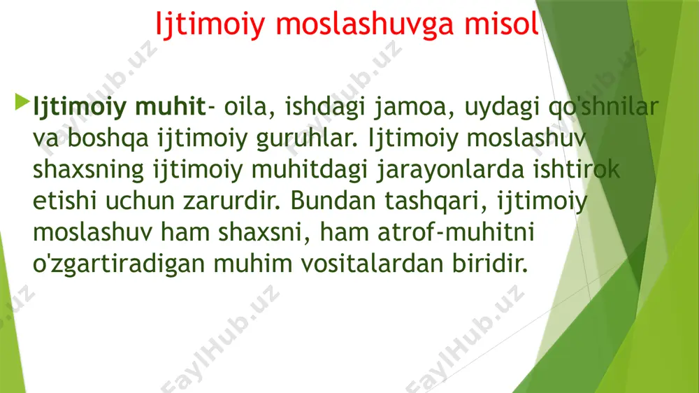 ar: dan1 yoshgacha tug'ilish - bolaning doimiy aloqada bo'lgan kattalarga to'liq qaramligi; 1-3 yil - oila a'zolaridan nusxa ko'chirish boshlanadi, manipulyatsiya vositalaridan foydalanish; 3-6 yosh - oilaviy jamiyatdan birinchi chiqish, yangi rollarni kashf qilish va o'rganish, o'zi va boshqa oila a'zolari o'rtasidagi munosabatlar, ongli ravishda nusxa ko'chirish; 6-10yillar - maktab hayotining boshlanishi, yangi sharoit va odamlarga moslashish, faol intellektual taraqqiyot, individual shaxsiy fazilatlarning namoyon bo'lishi; 10-11- 14-15 yosh - tengdoshlar bilan faol muloqot va o'zaro munosabat, o'z-o'zini anglash, individuallikni izlash, qarama-qarshi jinsga nisbatan his-tuyg'ularning namoyon bo'lishi shakllanadi. agar tarbiya noto'g'ri bo'lsa, kelajakda oqibatlar salbiy bo'lishi mumkin. bolalik va o'smirlik - bu shaxs o'z shaxsiyatini rivojlantirish va jamiyatga muvaffaqiyatli moslashish uchun zarur bo'lgan ko'nikmalarga ega bo'lgan davrdir. ijtimoiy moslashuv qanday sodir bo'ladi: asosiy bosqichlar polyaksotsiolog j. szchepanski edibelgilanganmoslashuv jarayonining quyidagi bosqichlari: 1.jamiyatdagi xulq-atvor normalari va qoidalarini o'zlashtirish, lekin jamiyatda o'rnatilgan qadriyatlar va an'analar hali shaxs tomonidan qabul qilinmaydi. bu uning yangi …