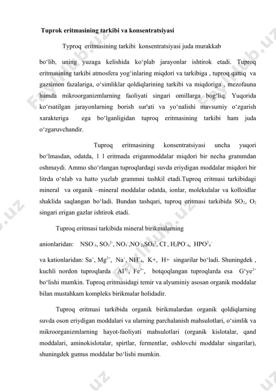 fermentlar, oshlovchi moddalar singarilar), shuningdek gumus moddalar bo‘lishi mumkin. organik-mineral birikmalar asosan kislota tabiatli ( gumus kislotalar, polifenollar, past molekulyar organik kislotalar kabi) turli organik birikmalarning ko‘p valentli kationlar bilan birgalikdagi kompleksidan iboratdir. turli tuproqlarning eritmasi tarkibidagi mineral va organik moddalar nisbati har xil. jumladan, botqoq, podzol-botqoq va qo‘riq chimli podzol tuproqlar eritmasida mineral moddalarga nisbatan organik moddalar ko‘proq, qora tuproqlarda bu birikmalar deyarli teng miqdorda, sho‘rlangan tuproqlar eritmasida esa mineral birikmalar ko‘p bo‘ladi. sho‘rtob tuproqlar eritmasi ham organik moddalar ko‘proq, chunki, ishqoriy sharoitda va singdirilgan na+,ningpeptizatsiyalovchi ta'siri natijasida organik moddalarning eruvchanligi oshadi. tuproq eritmasidagi kolloidli – eruvchi moddalar kremniy kislota va temir, alyuminiy oksidlari hamda organik va organik-mineral birikmalarning zollaridan tashkil topgan k.k. gedroyts ma'lumoticha, kolloidlar eritmasidagi moddalar umumiy miqdorining 1/10 dan 1/11 qismigacha bo‘lishi mumkin. sho‘rtoblarning eritmasida kolloidli – eruvchi moddalar mikdori juda kup. tuprok eritmasidagi moddalar tarkibi muayyan tuproklarning genetik katlamlari buyicha xam keskin uzgaradi. tuproklarning organogen …