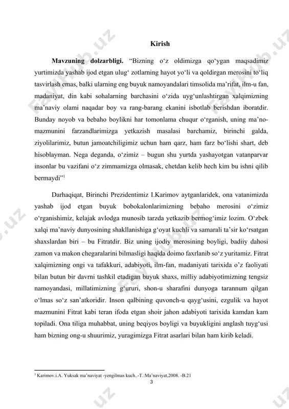 du shirin“ dostoni toʻgʻrisida" (1930) kabi katta ilmiy qimmatga ega risola va maqolalari misolida ko’rib chiqdik. fitrat bu tadqiqotlari bilan oʻzbek adabiyotshunoslik maktabiga poydevor qoʻydi. fitratning adabiy merosi boy va rang-barang. u yozuvchi sifatida badiiy ijodning barcha turlarida qalam tebratibgina qolmay, o‘zbek adabiyotining yangi tur va janrlar bilan boyishi, she’r tuzilishining isloh etilishi, realizmning teranlashishi, davr, jamiyat va xalq hayoti bilan bog‘liq muhim ijtimoiy muammolarning o‘zbek adabiyotida badiiy talqin etilishiga ulkan hissa qo‘shdi. shu sababli ham biz ushbu ishimizda fitratning “bedil” va “fors shoiri umar xayyom” risolalarida sharq mumtoz adabiyoti namoyondalari talqini masalasini alohida o’rgandik. abdurauf fitrat “sharq siyosati”, “munozara” kabi o‘sha davr voqeligi haqqoniy yoritilgan, boshdan-oxir jadidchilik g‘oyalari asosida ijod etilgan publitsistik maqola va qissalarida sharq va g‘arb madaniyati o‘rtasidagi munosabatlar tahliliga alohida e'tibor beradi. biroq ushbu asarlar ayni shu mavzu yuzasidan o‘rganilgan emas. adib “chin sevish”, “hind ixtilolchilari” singari dramatik asarlarida ham bu masalaning mohiyatini o‘ziga xos tarzda …