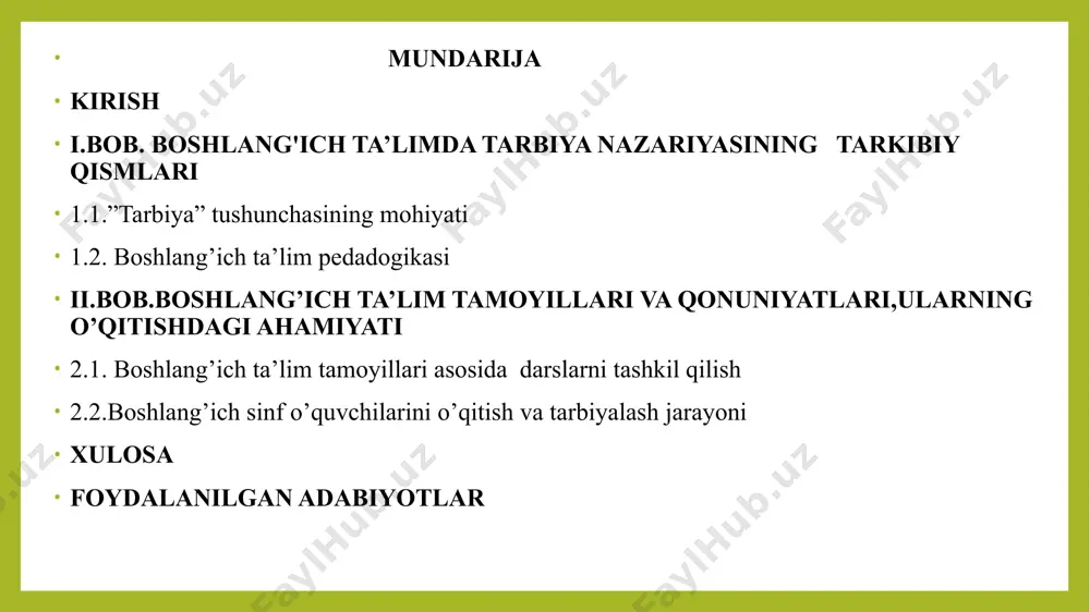 e’yorlarga amal qilish 2.boshlang’ich ta’lim tamoyillarini o’rganish 3.qonuniyatlarini darslarga tadbiq qilish kurs ishining tuzilishi: kirish,2 bob, 4 fasl , xulosa va foydalanilgan adabiyotlar ro‘yxatidan iborat. i.bob.boshlang'ich ta’limda tarbiya nazariyasining tarkibiy qismlari 1.1.”tarbiya” tushunchasining mohiyati boshlangʻich taʼlim — umumiy oʻrta taʼlimning dastlabki bosqichi. oʻzrda boshlangʻich taʼlim 1—4sinflarda bolalarga ilk taʼlim berish, ularni maʼnaviy kamol toptirishning boshlanish davri hisoblanadi. u 1—4sinflarni oʻz ichiga oladi va oʻqish 6—7 yoshdan boshlanadi. bunda taʼlim mazmunini belgilash muhim ahamiyatga ega. oʻzrning 1997-yil 29 avgustda qabul qilingan „taʼlim toʻgʻrisida“gi qonunida boshlangʻich taʼlim umumiy oʻrta taʼlim olish uchun zarur boʻlgan savodxonlik, bilim va koʻnikma asoslarini shakllantirishga karatilgan. boshlangʻich taʼlim sinflari uchun oʻquv rejasi va dasturlari mavjud. boshlangʻich taʼlimda oʻquv rejasi asosida ona tili, mat., tibbiyot, tarix (tarixiy mavzulardagi matnlar asosida), rus tili, tasviriy sanʼat, jismoniy tarbiya boʻyicha mashgʻulotlar oʻtkaziladi. ona tili darsida xatsavod oʻrgatiladi, nutqni oʻstirish, oʻqish va yozishga oʻrgatish yuzasidan maxsus mashgʻulotlar oʻtkaziladi, dastur asosida imlo qoidalari …