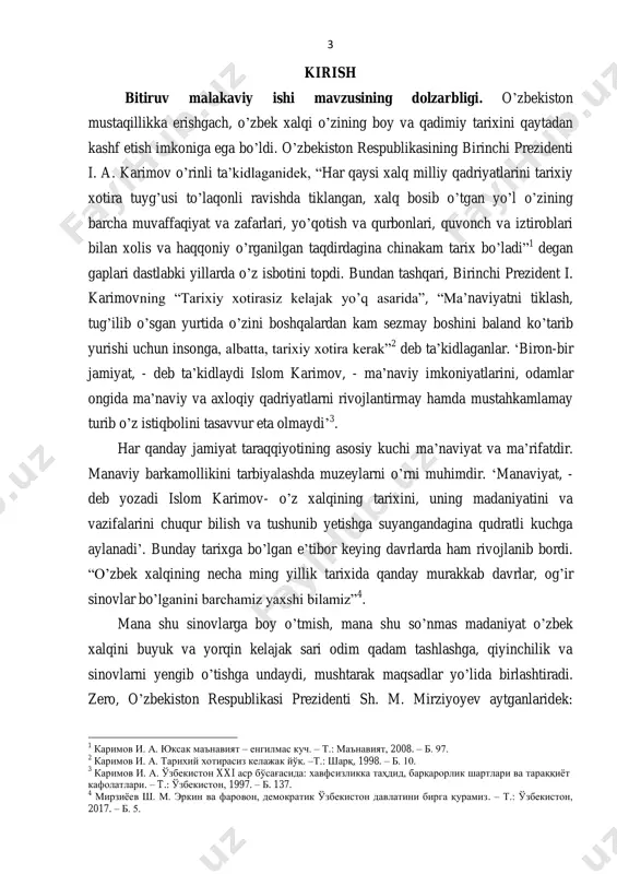 ton respublikasi vazirlar mahkamasining „respublika muzeylari faoliyatini yaxshilash chora-tadbirlari to‟g‟risida‟gi 1994- yil 23-dekabrdagi 618-sonli qarori, o‟zbekiston respublikasi birinchi prezidenti islom karimovning 1998-yil 12-yanvarda qabul qilingan “muzeylar faoliyatini tubdan yaxshilash va takomillashtirish to‟g‟risida”gi farmoni hamda o‟zbekiston respublikasining prezidenti sh. mirziyoyevning 2017-yil 31-maydagi “ma‟daniyat va san‟at sohasini yanada rivojlantirish va takomillashtirishga doir chora tadbirlar to‟g‟risida”gi pq-3022 sonli qarori va vazirlar mahkamasining 2017-yil 11-dekabrdagi “2017–2027-yillarda davlat muzeylari faoliyatini takomillashtirish va moddiy-texnik bazasini mustahkamlash bo‟yicha kompleks chora tadbirlar dasturini tasdiqlash to‟g‟risida”gi 975-sonli qarori va “muzeylar to‟g‟risida”gi o‟zbekiston respublikasi qonuni muzey ishida huquqiy-me‟yoriy asoslarini mustahkamlash va tub o‟zgarishlar yasash, yangilarini rivojlantirishda muhim omil bo‟lib xizmat qildi. sovet davrida yig‟ilgan tariximizga oid materillarni yoritishdagi ahamiyati va tariximizga bo‟lgan munosabatni to‟g‟ri tahlil etish va bu materiallarga tayangan holda tegishli xulosalar chiqarishdan iborat. bitiruv malakaviy ishi mavzusining o`rganilganlik darajasi. o‟rganilgan adabiyotlar tahlili shuni ko‟rsatadiki, farg‟ona viloyati muzeylari haqidagi qimmatli ma‟lumotlar g. p. ivanov “farg‟ona o‟lkashunosligi” kitobida farg‟ona viloyati …