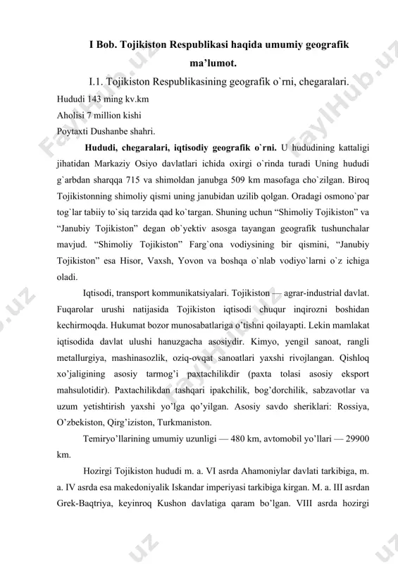 g`arbdan sharqqa 715 va shimoldan janubga 509 km masofaga cho`zilgan. biroq tojikistonning shimoliy qismi uning janubidan uzilib qolgan. oradagi osmono`par tog`lar tabiiy to`siq tarzida qad ko`targan. shuning uchun “shimoliy tojikiston” va “janubiy tojikiston” degan ob`yektiv asosga tayangan geografik tushunchalar mavjud. “shimoliy tojikiston” farg`ona vodiysining bir qismini, “janubiy tojikiston” esa hisor, vaxsh, yovon va boshqa o`nlab vodiyo`larni o`z ichiga oladi. iqtisodi, transport kommunikatsiyalari. tojikiston — agrar-industrial davlat. fuqarolar urushi natijasida tojikiston iqtisodi chuqur inqirozni boshidan kechirmoqda. hukumat bozor munosabatlariga o’tishni qoilayapti. lekin mamlakat iqtisodida davlat ulushi hanuzgacha asosiydir. kimyo, yengil sanoat, rangli metallurgiya, mashinasozlik, oziq-ovqat sanoatlari yaxshi rivojlangan. qishloq xo’jaligining asosiy tarmog’i paxtachilikdir (paxta tolasi asosiy eksport mahsulotidir). paxtachilikdan tashqari ipakchilik, bog’dorchilik, sabzavotlar va uzum yetishtirish yaxshi yo’lga qo’yilgan. asosiy savdo sheriklari: rossiya, o’zbekiston, qirg’iziston, turkmaniston. temiryo’llarining umumiy uzunligi — 480 km, avtomobil yo’llari — 29900 km. hozirgi tojikiston hududi m. a. vi asrda ahamoniylar davlati tarkibiga, m. a. iv asrda …