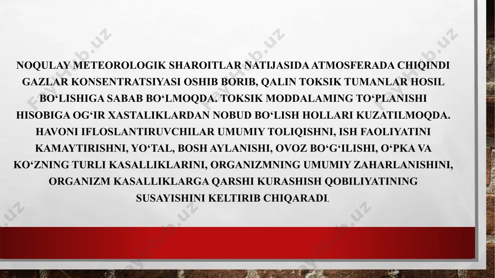 larining «hissasi» respublikamiz hududida yuqoriligicha qolmoqda. keyingi yillarda olib borilgan kuzatishlar shuni ko'rsatadiki, rak kasalligi kelib chiqishida avtomobilda yonilg'ining chala yonishi natijasida ajralib chiqadigan aromatik uglevodorodlar ham rol o'ynashi m a’lum bo'ldi. sanoatlashgan va transport harakati kuchli rivojlangan hududlarda bu kasaldan nobud bo'lish, boshqa regionlarga nisbatan 15-30 % ortiqligi aniqlangan. sanoat tashlamalarining kimyoviy tarkibi yonilg'i turiga (qattiq, suyuq, gazsimon) va uni yondirish usullariga ko'ra turlicha bo'ladi. ko'mir, neft, gaz yonilg'ilari yonganda turli sabablarga ko'ra to 'la yonmaydi. shuning uchun sanoat korxonalaridan atmosferaga katta miqdorda chala yongan zarrachalar (qurum, kul, chang) va zararli gazlar (uglerod qo'sh oksidi), uglevodorodlar, oltingugurt birikmalari, oltingugurt (ii) oksidi, azot oksidlari chiqadi. amerika olimlari ma’lumotlariga ko'ra, sement zavodlarida bir tonna sement mahsulotini ishlab chiqarish mobaynida taxminan 100 kg sement changi havoga chiqariladi. sement zavodlari joylashgan hududlar havosining ifloslanishi korxona atrofidagi 1000 metrgacha bo'lgan mintaqaning tuproq va o'simliklar qoplamining kuchli darajada ishdan chiqishiga olib keladi. sement changlari tuproq …