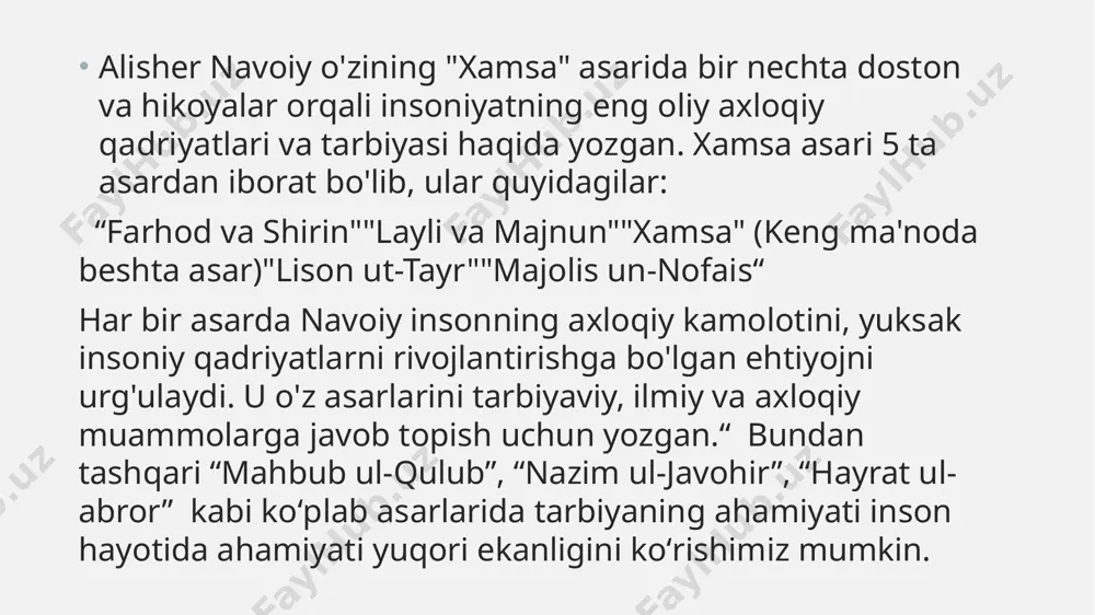 igi aytiladi."nodonning bolasi tarbiya ko‘rmasa,ko‘kka chiqqan daraxt meva bermasa."navoiy tarbiya ko‘rmagan insonni foydasiz daraxtga qiyos qiladi. o‘z vaqtidan foydalangan yosh bola (farhod va shirin)bu hikoya "farhod va shirin" dostonida uchraydi. farhod yoshligidan ilm olishga va hunar o‘rganishga qattiq e’tibor beradi. unga ustozi shunday deydi:"ey bola, vaqtni boy bermagin! yoshlikda bilim va hunar egallash eng afzaldir."farhod bu nasihatni quloqqa olib, mehnat va izlanish orqali yuksak darajalarga erishadi. bu hikoya vaqtni qadrlash va yoshlikni bekor o‘tkazmaslik kerakligini o‘rgatadi. xilvatda o‘zini bilgan podshoh (hayrat ul-abror)bir podshoh xalqi orasida adolatli, lekin goh-goh o‘zini tahlil qilishni unutgan edi. kunlarning birida bir donishmand unga shunday hikoya aytib beradi:"kimki o‘z qalbini tez-tez tahlil qilmasa, qilgan xatolarini anglay olmaydi. hatto podshoh ham o‘zini hisob-kitob qilib turishi lozimdir."bu hikoyadan keyin podshoh tez-tez o‘z ishlarini tahlil qilib, adolatda kamchilikka yo‘l qo‘ymaslikka intiladi. bu hikoya o‘z nafsini tarbiyalash va adolatni ulug‘lash haqida. tovus va chuvalchang (lison ut-tayr)"lison ut-tayr" asarida tovus va …