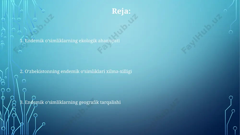 y iqtisodiyotga 30% dan ortiq foyda keltiradi. oʻzbekiston endemik florasining rivojlanishi istiqbollari oʻzbekiston endemik florasining bioxaritalashtirish ishlari 2025 yilga qadar 70% ga yetkazilishi va bu ma'lumotlar oʻsimliklarni muhofaza qilish strategiyasini ishlab chiqishda qoʻllanilishi kutilmoqda. endemik oʻsimliklarning genetik resurslarini saqlash va boyitish maqsadida, taxiatosh va chatqol davlat tabiat qoʻriqxonalarida 20 dan ortiq yangi "in situ" saqlash joylari tashkil etish rejalashtirilgan. oʻzbekistonning 1500 dan ortiq endemik oʻsimlik turi mavjud boʻlib, ularning 500 dan ortigʻi qoraqalpogʻiston respublikasi va fargʻona vodiysida joylashgan, kelajakda ularning himoyasi va oʻrganilishini kuchaytirish zarur. "qizil kitob"ga kiritilgan endemik oʻsimliklar qizil kitobga kiritilgan 120 ga yaqin oʻsimlik turi uzbekistanning togʻli hududlarida, xususan, gʻishtgumbaz va qorakoʻl togʻ tizmalarida uchraydi. fergana vodiysining endemik oʻsimliklari, jumladan, 50 dan ortiq turdagi “qizil kitob”ga kiritilgan noyob gullar va butalar, oʻzining noyob genetik xususiyatlari bilan ajralib turadi. taxminan 30% “qizil kitob”ga kiritilgan endemik oʻsimliklar, namangan viloyatining chotqol togʻlarida, 2000 metrdan yuqori balandlikda oʻsadi. endemik oʻsimliklarning ekologik …