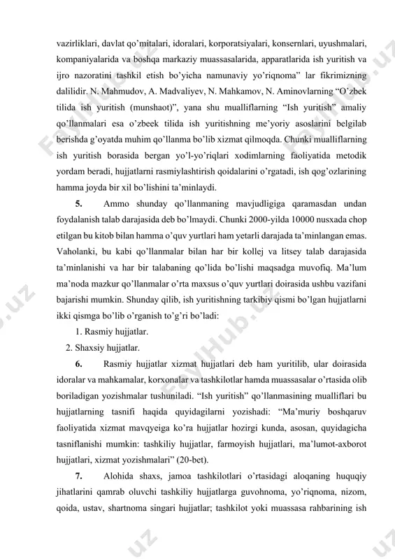 lari deb ham yuritilib, ular doirasida idoralar va mahkamalar, korxonalar va tashkilotlar hamda muassasalar o’rtasida olib boriladigan yozishmalar tushuniladi. “ish yuritish” qo’llanmasining mualliflari bu hujjatlarning tasnifi haqida quyidagilarni yozishadi: “ma’muriy boshqaruv faoliyatida xizmat mavqyeiga ko’ra hujjatlar hozirgi kunda, asosan, quyidagicha tasniflanishi mumkin: tashkiliy hujjatlar, farmoyish hujjatlari, ma’lumot-axborot hujjatlari, xizmat yozishmalari” (20-bet). 7. alohida shaxs, jamoa tashkilotlari o’rtasidagi aloqaning huquqiy jihatlarini qamrab oluvchi tashkiliy hujjatlarga guvohnoma, yo’riqnoma, nizom, qoida, ustav, shartnoma singari hujjatlar; tashkilot yoki muassasa rahbarining ish faoliyati doirasida amal qiladigan farmoyish hujjatlariga buyruq, ko’rsatma, farmoyish kabi hujjatlar; ma’lumot-axborot hujjatlariga ariza, bayonnoma, bildirishnoma, vasiyatnoma, dalolatnoma, ishonchnoma, ma’-lumotnoma, tavsifnoma, tavsiyanoma, taklifnoma, tarjimayi hol, tushuntirish xati, e’lon, hisobot tarzidagi hujjatlar; alohida shaxs yoki tashkilotning faoliyatini qamrab oladigan xizmat yozishmalariga taklifnoma, telegramma, telefonogramma, modemogramma va turli mazmundagi xatlar kiradi. 8. ma’lum bo’lyaptiki, ma’muriy-boshqaruv faoliyati doirasida amal qiladigan bu hujjatlarning aksariyat qismi rasmiy mazmunga ega. demak, kim tomonidan yozilganlik, ya’ni tegishlilik nuqtayi nazaridangina ariza, …