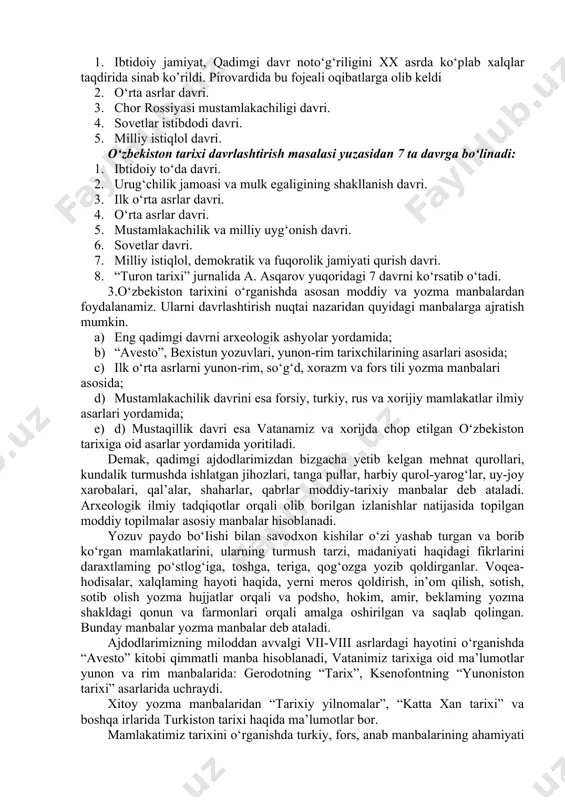 ing kuch-g‘ayrati bilan, - deb yozadi birinchi prezidentimiz i.a.karimov:- tariximizning ko‘pdan ko"p g‘oyat muhim sahifalari, eng avvalo, temuriylar davri xix asr oxiri, xx asr boshlari tarixi yangidan kashf etiladi. shuni esda tutish muhimki, o‘tmishimizni “oqlash” vazifasi umuman olganda bajarib boiindi, hozir esa asosiy vazifa, tarixiy tahlilni ilmiy jihatdan holisona va halol amalga oshirishdan iboratdir”. o‘zbekiston tarixini o‘rganishning ikkinchi uslubiy tamoyili-bu voqea va hodisalarni dialektik asosda o‘rganishdir. dialektika-olam yagona va yaxlit, unda sodir bo‘ladigan hodisalar, voqealar umumiy va o‘zaro bog‘lanishda, uzluksiz harakatda, ziddiyatli taraqqiyotda bo‘ladi, deb ta’lim beradi. har bir voqea-hodisani, boshqa voqealar, hodisalar bilan bog‘lab o‘rganishdangina mazkur voqea-hodisaning umumiy tarixiy jarayondagi o‘rnini to‘g‘ri aniqlash, belgilash mumkin bo‘ladi. har bir voqea-hodisaga umumiy tarixiy jarayonning bir qismi deb qaramoq kerak.chunki mavjud bo‘lgan har bir xalq, millat yoki elat tarixi faqat o‘ziga xos xususiyatlari bilan ajralib tursada, butun insoniyat taraqqiyoti tarixi bilan umumiy aloqadorlikdadir. tarixiy ma’lumotlarga ko‘ra haqiqatdan ham o‘zbek xalqining siyosiy, ijtimoiy, …