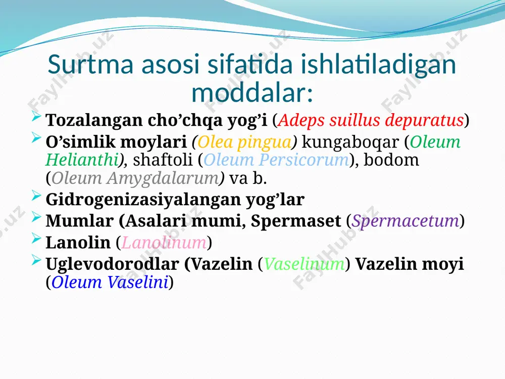 tilmaydi. qisqartirilgan shaklda rp.: crem hydrocortisoni 0,1 — 10,0 d. s. terining jarohatlangan joyiga surtish uchun. yoki, rp.: crem hydrocortisoni 1 % — 10,0 d. s. terining jarohatlangan joyiga surtish uchun murakkab tarkibli kremlar ko’pincha ofisinal bo’ladi va reseptda asosan qisqartirilgan holda yoziladi. rp.: crem «belogent» 30,0 d. s. terining jarohatlangan joyiga surtish uchun. гел (gel) гел — yumshoq, dozalanmagan, qovushoq konsistensiyaga ega, ofisinal dori shakli bo’lib, teri kasalliklarini davolash va rezorbtiv samara olish uchun buyuriladi. gel asosiy ta’sir qiluvchi modda (basis), shakl beruvchi indifferent moddadan (constituens) iborat. gel tayyorlashda shakl beruvchi modda sifatida, surtmalardan farqli o’laroq, jelatin yoki agar-agar qo’llaniladi. surtma va pastalar kabi, reseptda qisqartirilgan holda yoziladi. shakl beruvchi modda ko’rsatilmaydi. rp.: belgisidan keyin qaratqich kelishigi bosh harfda dori shaklining nomi (gel), so’ngra qaratqich kelishigi bosh harfda dori moddasining nomi, konsentrasiyasi (foiz yoki grammlarda), tiredan keyin gelning og’irligi grammlarda ko’rsatiladi: masalan: rp.: gel troxevasin 2 % — 40,0 …
