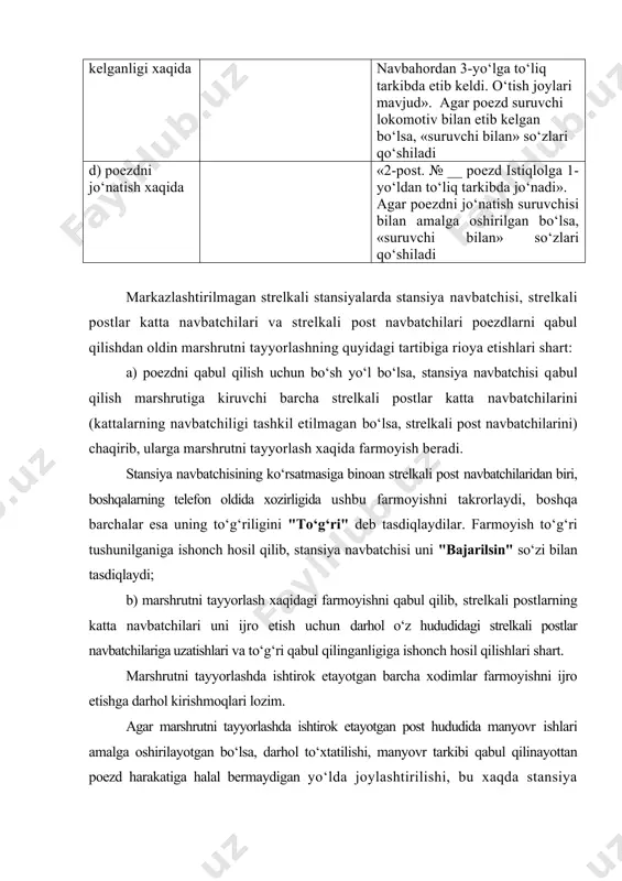katta navbatchilari va strelkali post navbatchilari poezdlarni qabul qilishdan oldin marshrutni tayyorlashning quyidagi tartibiga rioya etishlari shart: a) poezdni qabul qilish uchun bo‘sh yo‘l bo‘lsa, stansiya navbatchisi qabul qilish marshrutiga kiruvchi barcha strelkali postlar katta navbatchilarini (kattalarning navbatchiligi tashkil etilmagan bo‘lsa, strelkali post navbatchilarini) chaqirib, ularga marshrutni tayyorlash xaqida farmoyish beradi. stansiya navbatchisining ko‘rsatmasiga binoan strelkali post navbatchilaridan biri, boshqalarning telefon oldida xozirligida ushbu farmoyishni takrorlaydi, boshqa barchalar esa uning to‘g‘riligini "to‘g‘ri" deb tasdiqlaydilar. farmoyish to‘g‘ri tushunilganiga ishonch hosil qilib, stansiya navbatchisi uni "bajarilsin" so‘zi bilan tasdiqlaydi; b) marshrutni tayyorlash xaqidagi farmoyishni qabul qilib, strelkali postlarning katta navbatchilari uni ijro etish uchun darhol o‘z hududidagi strelkali postlar navbatchilariga uzatishlari va to‘g‘ri qabul qilinganligiga ishonch hosil qilishlari shart. marshrutni tayyorlashda ishtirok etayotgan barcha xodimlar farmoyishni ijro etishga darhol kirishmoqlari lozim. agar marshrutni tayyorlashda ishtirok etayotgan post hududida manyovr ishlari amalga oshirilayotgan bo‘lsa, darhol to‘xtatilishi, manyovr tarkibi qabul qilinayottan poezd harakatiga halal …