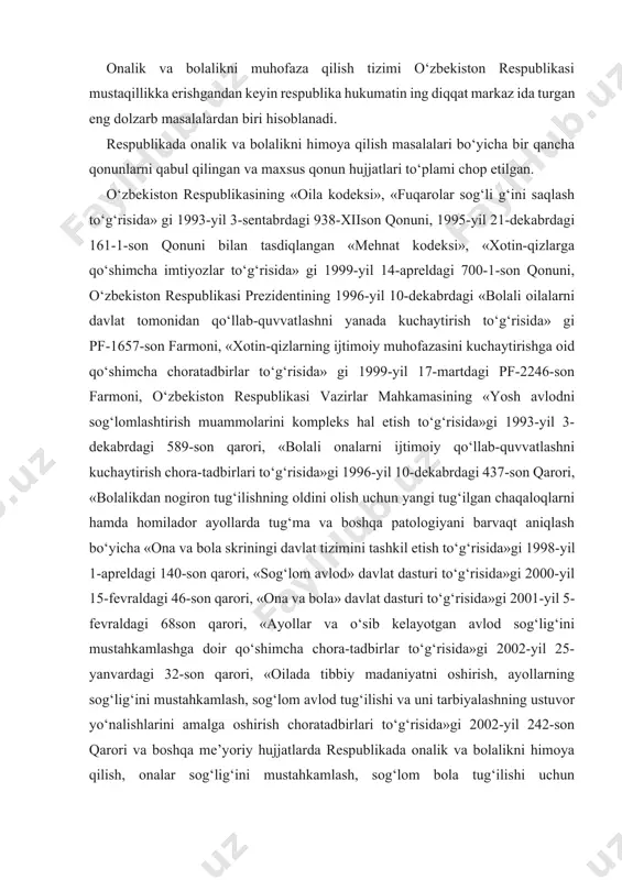 va bola skriningi davlat tizimini tashkil etish to‘g‘risida»gi 1998-yil 1-apreldagi 140-son qarori, «sog‘lom avlod» davlat dasturi to‘g‘risida»gi 2000-yil 15-fevraldagi 46-son qarori, «ona va bola» davlat dasturi to‘g‘risida»gi 2001-yil 5-fevraldagi 68son qarori, «ayollar va o‘sib kelayotgan avlod sog‘lig‘ini mustahkamlashga doir qo‘shimcha chora-tadbirlar to‘g‘risida»gi 2002-yil 25-yanvardagi 32-son qarori, «oilada tibbiy madaniyatni oshirish, ayollarning sog‘lig‘ini mustahkamlash, sog‘lom avlod tug‘ilishi va uni tarbiyalashning ustuvor yo‘nalishlarini amalga oshirish choratadbirlari to‘g‘risida»gi 2002-yil 242-son qarori va boshqa me’yoriy hujjatlarda respublikada onalik va bolalikni himoya qilish, onalar sog‘lig‘ini mustahkamlash, sog‘lom bola tug‘ilishi uchun shartsharoitlar yaratish borasida salmoqli ishlar amalga oshirilishi belgilab qo‘yilgan. ayniqsa o‘zbekiston respublikasi prezidentining 2009-yil 13-aprel dagi «ona va bola salomatligini muhofaza qilish, sog‘lom avlodn i shakllantirishga doir qo‘shimcha chora-tadbirlar to‘g‘risida»gi pq-1096-sonli qarorida mamlakatimizdagi tug‘ish yoshidagi ayollarni chuqurl ashtirilgan tibbiy ko‘rikdan o‘tkazish, ular orasidagi homi ladorlik va tug‘ruq uchun nisbiy va mutloq moneliklari bo‘lgan ayol larni dispan ser nazoratiga olish, kasalliklarning xususiyatlaridan kelib chiqib, ularni ambulatoriya, …