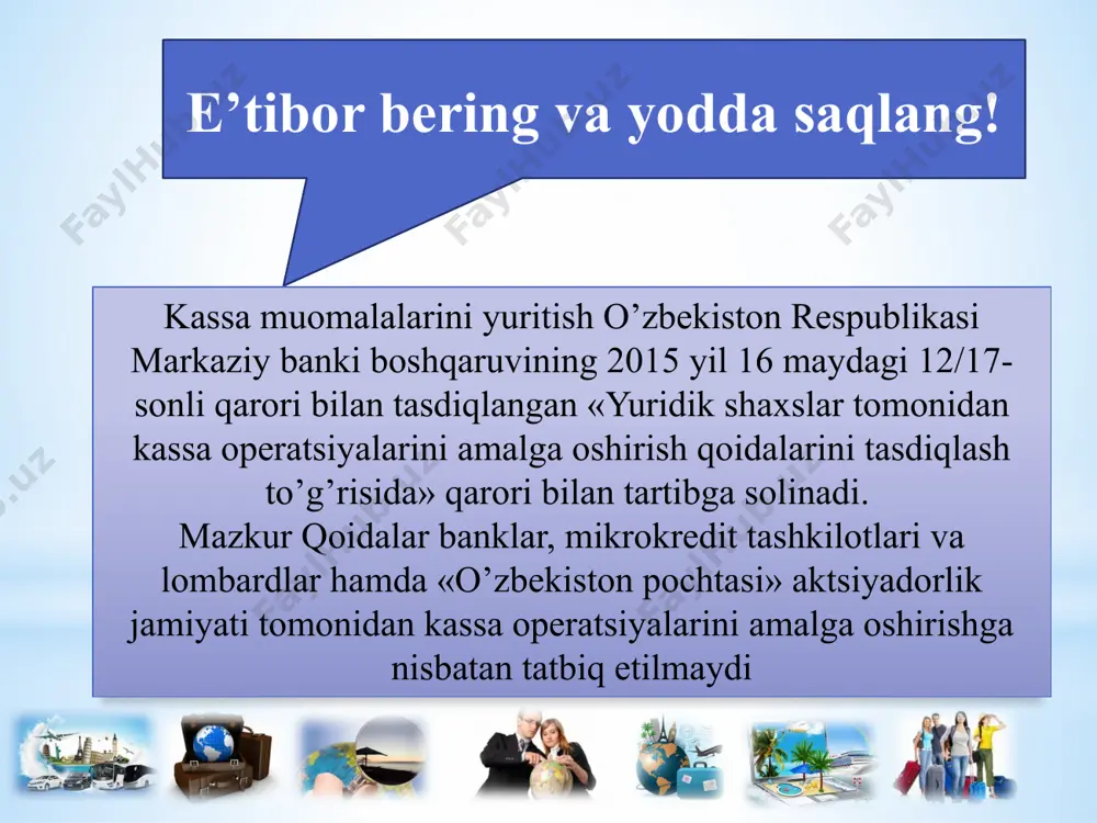 ____ chiqimini qabul qildi yozuv bilan kassa kirim orderlarini qayd etish daftari t/r kimdan olindi maqsadi miqdori (summasi) sana kassa chiqim orderlarini qayd etish daftari t/r kimga berildi maqsadi miqdori (summasi) sana kassa muomalalari buxgalteriya hisobida quyidagi hisobvaraqlarda aks ettiriladi 5020-«xorijiy valyutadagi pul mablag’lari» 5010-«milliy valyutadagi pul mablag’lari» kassa inventarizatsiyasi bir oyda bir marta o’tkazilib, uning natijasi akt-taqqoslash vedomosti tuziladi. inventarizatsiya vaqtida pul kam chiqsa, u moddiy javobgar shaxsdan undirib olinadi, ortiqcha chiqsa, u holda kirimga olinadi. tekshirishni amalga oshirish jarayonida buxgalter quyidagi tartibga rioya qilishi kerak kassani tekshirish kassir ishtirokida amalga oshiriladi kassani tekshirish paytida barcha kassa jarayonlari to’xtatiladi kassadagi naqd pullar va qimmatbaho qog’ozlar kassir va bosh buxgalter ishtirokida birma-bir sanab chiqiladi ortiqcha pullar chiqqanda, ushbu summa kassaga qaytadan kirim qilinadi: d-t 5010-«milliy valyutadagi pul mablag’lari» k-t 9390-«boshqa muomalaviy daromadlar». kamomad aniqlanganida: d-t 4730-«moddiy zararni qoplash yuzasidan xodimlarning qarzi» k-t 5010-«milliy valyutadagi pul mablag’lari». kamomad summasini kassir bevosita …