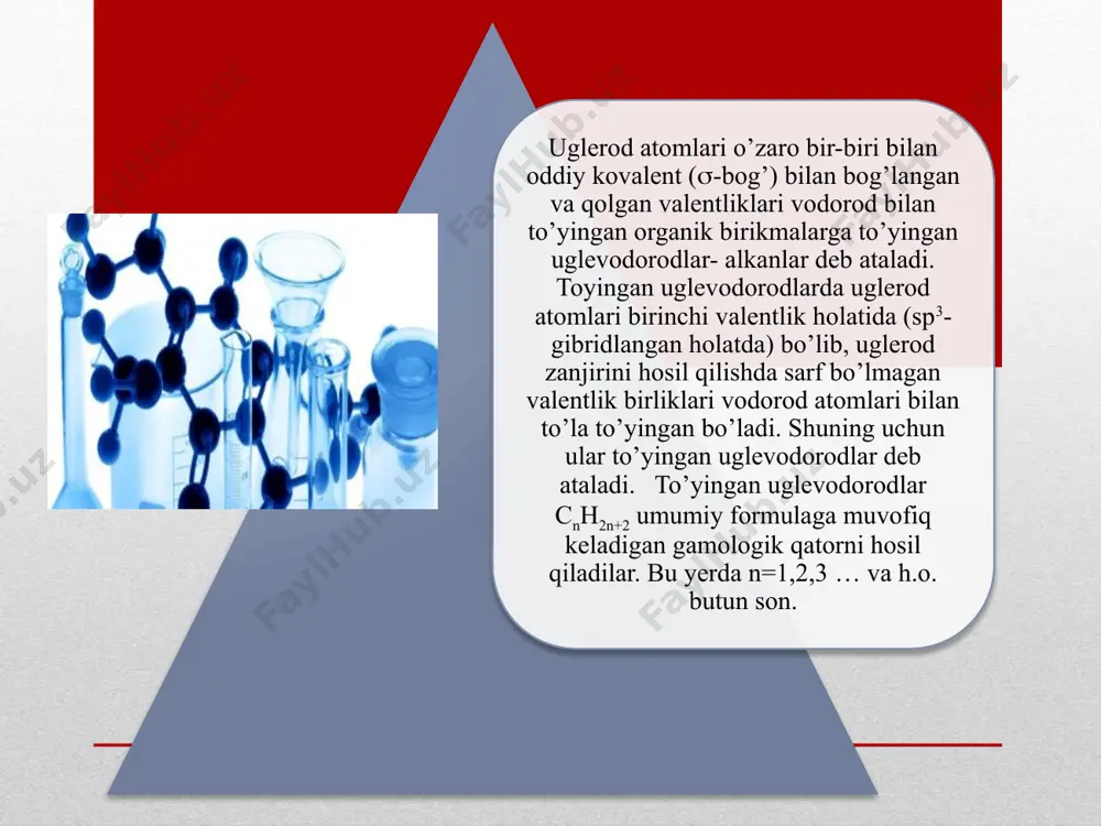 rlarning soni ham juda tez ortib boradi. alkanlarning molekulasidagi har bir uglerod atomi o`zi bilan bevosita bog`langan boshqa uglerod atomlarining soniga qarab birlamchi, ikkilamchi, uchlamchi va to`rtlamchi uglerod atomlariga bo`linadi. agar uglerod atomlari o`zidan boshqa faqat bitta uglerlod atomi bilan bog`langan bo`lsa ikkilamchi, uchta uglerod atomi bilan bog`langan bo`lsa uchlamchi va to`rtta uglerod atomi bilan bog`langan bo`lsa, to`rtlamchi uglerod atomi deyiladi. xuddi shuningdek, vodorod atomlari ham (nechta uglerod atomi bog`langanliga qarab) birlamchi, ikkilamchi va uchlamchi vodorod atomlariga bo`linadi. quyidagi uglevodorodlarda birlamchi uglerod atomlari c1, ikkilamchilari c2, uchlamchilari c3, to`rtlamchilari c4 birlamchi uglerod h1 ikkilamchilari h2 va uchlamchilari h3 belgilar bilan ifodalanadi. nomenklaturasi. organik birikmalarning tuzilish formulalariga qarab nomlash va aksincha, nomiga qarab tuzilish formulalarini tuzish imkoniyatini bera oladigan nomenklaturagina to`g`ri va ilmiy nomenklatura bo`la oladi. organik kimyo rivojlanishining dastlabki bosqichida yangi kashf qilingan moddalarga tasodifiy nomlar berilgan. bu tarixiy nomlar shu moddalar birinchi marta ajratib olingan tabiiy mahsulotlar nomiga (masalan, …