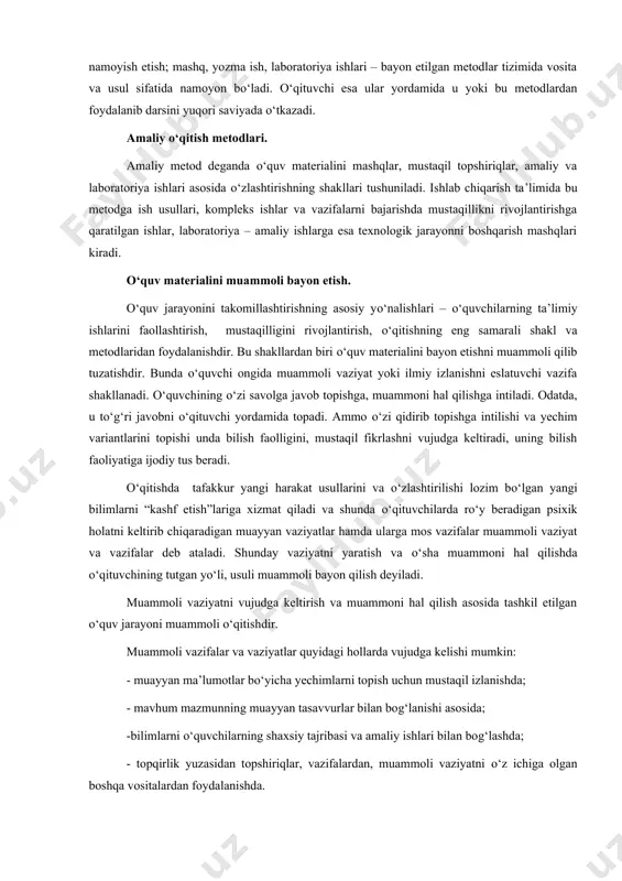 hi yordamida topadi. ammo о‘zi qidirib topishga intilishi va yechim variantlarini topishi unda bilish faolligini, mustaqil fikrlashni vujudga keltiradi, uning bilish faoliyatiga ijodiy tus beradi. о‘qitishda tafakkur yangi harakat usullarini va о‘zlashtirilishi lozim bо‘lgan yangi bilimlarni “kashf etish”lariga xizmat qiladi va shunda о‘qituvchilarda rо‘y beradigan psixik holatni keltirib chiqaradigan muayyan vaziyatlar hamda ularga mos vazifalar muammoli vaziyat va vazifalar deb ataladi. shunday vaziyatni yaratish va о‘sha muammoni hal qilishda о‘qituvchining tutgan yо‘li, usuli muammoli bayon qilish deyiladi. muammoli vaziyatni vujudga keltirish va muammoni hal qilish asosida tashkil etilgan о‘quv jarayoni muammoli о‘qitishdir. muammoli vazifalar va vaziyatlar quyidagi hollarda vujudga kelishi mumkin: - muayyan ma’lumotlar bо‘yicha yechimlarni topish uchun mustaqil izlanishda; - mavhum mazmunning muayyan tasavvurlar bilan bog‘lanishi asosida; -bilimlarni о‘quvchilarning shaxsiy tajribasi va amaliy ishlari bilan bog‘lashda; - topqirlik yuzasidan topshiriqlar, vazifalardan, muammoli vaziyatni о‘z ichiga olgan boshqa vositalardan foydalanishda. ta’limning muammoli metodlaridan foydalanishda materialni о‘zlashtirish о‘quvchi tafakkurining natijasi bо‘ladi. …