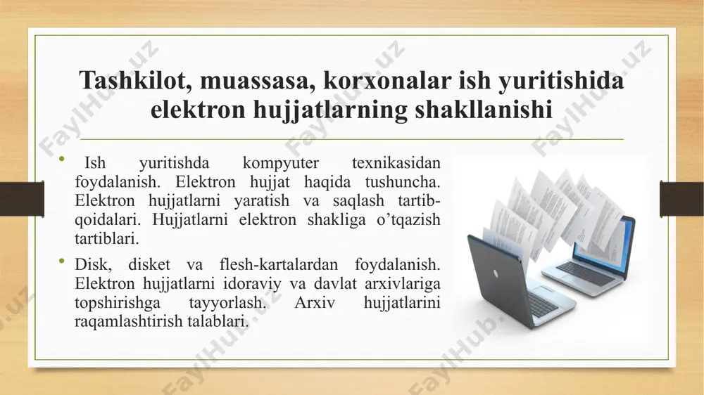 arxiv o‘ziga yuklatilgan vazifalarga muvofiq quyidagi funksiyalarni amalga oshiradi: hujjatlari elektron arxivga topshiriladigan tarkibiy tuzilmalar va boshqa tashkilotlarning ro‘yxatini tuzish va ushbu ro‘yxatga har yili aniqlik kiritib borish hamda elektron hujjatlar bilan ishlash faoliyatini muvofiqlashtirish; doimiy saqlanadigan tashkiliy, ma’lumot va boshqa boshqaruv hujjatlar, shu jumladan shaxsiy tarkib bo‘yicha elektron hujjatlarning ro‘yxatlarini tuzish va tashkilot ekspert komissiyasi (markaziy ekspert komissiyasi) hamda tegishli davlat arxivining ekspert tekshirish komissiyasiga taqdim etish; tashkilotning ekspert komissiyasi (markaziy ekspert komissiyasi) ishida ishtirok etib, elektron hujjatlar arxivida saqlanayotgan hujjatlarning qimmatliligini aniqlash ekspertizasini o‘tkazishni tashkil etish va tarkibiy tuzilmalarning elektron hujjatlarini qimmatliligini aniqlash ekspertizasini o‘tkazishda uslubiy hamda amaliy yordam ko‘rsatish; elektron arxiv quyidagi huquqlarga ega: tashkilot tarkibiy tuzilmalarida elektron hujjatlar bilan ishlash bo‘yicha belgilangan qoidalarning bajarilishini nazorat qilish; tashkilot tarkibiy tuzilmalaridan elektron arxiv faoliyati uchun zarur bo‘lgan ma’lumotlarni so‘rab olish; tashkilot rahbariyatiga hujjatli boshqaruv ta’minotining avtomatlashtirilgan tizimini takomillashtirish bo‘yicha takliflar kiritish; zarur hollarda tashkilotning tegishli mutaxassislarini ekspert va …