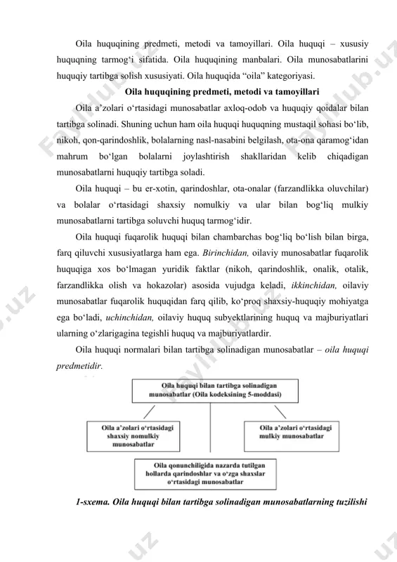 m. oila huquqi normalari, avvalo, nikohdan o‘tish tartibi va shartlarini belgilaydi, er-xotinlar o‘rtasidagi shaxsiy nomulkiy va mulkiy munosabatlarni tartibga soladi, ota-onalar bilan bolalar o‘rtasidagi munosabatlarni muvofiqlashtiradi. shuningdek, oila huquqi normalari, farzandlikka olish, vasiylik va homiylik bilan bog‘liq ravishda vujudga keladigan munosabatlarni tartibga soladi hamda nikohning tugatilishi tartibi va shartlarini belgilab beradi. oilaviy munosabatlar majmuyida shaxsiy nomulkiy munosabatlar ustundir. chunki ular naslni davom ettirish va bolalarni tarbiyalash bilan bog‘liqdir. oila huquqi tashkiliy tusda bo‘lgan nomulkiy munosabatlarni ham tartibga soladi. bunday munosabatlar jumlasiga nikohga kirishish (oila kodeksining 13, 17-moddalari), ota-ona qaramog‘idan mahrum bo‘lgan bolalarni aniqlash va joylashtirish (oila kodeksining 149-moddasi) bilan bog‘liq munosabatlar kiradi. 2-sxema. oila kodeksi bo‘yicha oilaviy-munosabatlarning turlari oila huquqi predmeti doirasiga kiradigan munosabatlarni tartibga soluvchi vositalar, usul va uslublar majmuyi - oila huquqi metodidir. oila huquqining metodi, ya’ni ijtimoiy munosabatlarni tartibga solishning oila huquqi tomonidan ta’sir etish usullari, avvalo, oila huquqida muayyan xulq-atvorda bo‘lish talabini belgilaydigan imperativ normalarining ko‘pligi …