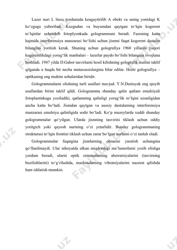a bo‘ladi. bunday mashinalarning asosini lazer qurilmalari tashkil qiladi. ularning xotirasi ham optik bo‘lib, ma’lumotlarni golografik yozishga asoslanadi. o‘lchami 10(10 sm2 bo‘lgan gologrammaga 100 mln dan ortiq ma’lumotni yozish mumkin; bunday hajmdagi ma’lumot uchun 1 mln. betga yaqin bosma tekst kerak bo‘ladi. golografik optika yordamida hozir murakkab matematik hisoblashlar, funksiyalarni diferensiallash, integral operatsiyalar bajarilmoqda; eng murakkab tenglamalar yechilmoqda.