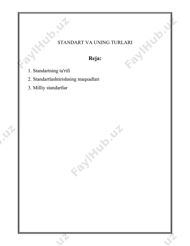 orasida eng so'ngisi 2015 yilda chiqarilgan iso 9001:2015 standartidir. ushbu standart kompaniyalarning sifat menejmenti tizimlarini standartlashtirishga va doimiy rivojlanish jarayoniga yo'naltirish uchun mo'ljallangan. boshqa bir misol iso 14000 bo'lib, u atrof-muhit menejmenti tizimlariga qaratilgan. bu standartlar ekologik mas’uliyatni qabul qilgan tashkilotlar uchun muhimdir. iso 14001 kabi standartlar tashkilotlarga atrof-muhitga ta'sirini kamaytirishga yordam beradi. standartlashtirish, shuningdek, it va telekommunikatsiya sohasida ham katta rol o'ynaydi. misol uchun, ieee 802.11 standarti simsiz tarmoq texnologiyalariga tegishlidir. bu standart wi-fi deb tanilgan simsiz tarmoqlar uchun texnologik baza sifatida xizmat qiladi. standartlar, shuningdek, mahalliy darajada qabul qilinishi mumkin. misol uchun, o'zbekiston milliy standartlashtirish organi o'zbekiston standartlashtirish, metrologiya va sertifikatlashtirish agentligi (o‘zstandart) hisoblanadi. ushbu agentlik mamlakat ichida turli mahsulot va xizmatlar uchun tegishli standartlarni ishlab chiqish va qabul qilish bilan shug'ullanadi. standartlashtirishning afzalliklaridan biri bu tovarlar va xizmatlar sifatining bir xil darajada bo'lishini ta'minlashdir. bu nafaqat iste'molchilarni himoya qilishga, balki ishlab chiqaruvchilar va xizmat ko'rsatuvchilar o'rtasida raqobatbardoshlikni …