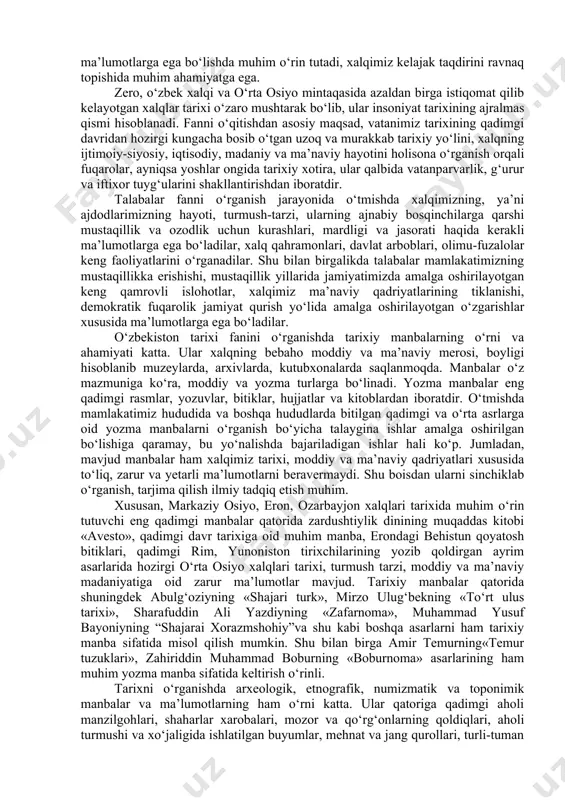 dik. shuni ham aytish lozimki, tarix va boshqa aksariyat ijtimoiy- gumanitar fanlarning o‘rganish ob’ekti inson, davlat va jamiyatdir. shuning uchun ham boshqa fanlar tarix fani taraqqiyotiga hissa qo‘shadi, tarixiy haqiqat ro‘yobga chiqishiga bevosita yordam beradi. tarix faninini ya’ni, vatan tarixini xolis o‘rganish xalqimiz o‘tmishi haqida zarur. ma’lumotlarga ega bo‘lishda muhim o‘rin tutadi, xalqimiz kelajak taqdirini ravnaq topishida muhim ahamiyatga ega. zero, o‘zbek xalqi va o‘rta osiyo mintaqasida azaldan birga istiqomat qilib kelayotgan xalqlar tarixi o‘zaro mushtarak bo‘lib, ular insoniyat tarixining ajralmas qismi hisoblanadi. fanni o‘qitishdan asosiy maqsad, vatanimiz tarixining qadimgi davridan hozirgi kungacha bosib o‘tgan uzoq va murakkab tarixiy yo‘lini, xalqning ijtimoiy-siyosiy, iqtisodiy, madaniy va ma’naviy hayotini holisona o‘rganish orqali fuqarolar, ayniqsa yoshlar ongida tarixiy xotira, ular qalbida vatanparvarlik, g‘urur va iftixor tuyg‘ularini shakllantirishdan iboratdir. talabalar fanni o‘rganish jarayonida o‘tmishda xalqimizning, ya’ni ajdodlarimizning hayoti, turmush-tarzi, ularning ajnabiy bosqinchilarga qarshi mustaqillik va ozodlik uchun kurashlari, mardligi va jasorati haqida kerakli ma’lumotlarga …
