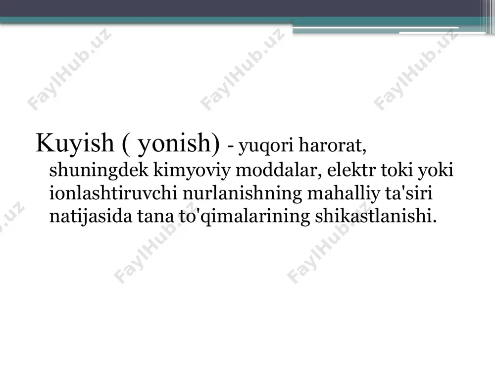 r shunchalik jiddiyroq. atrof-muhit namligi - u qanchalik baland bo'lsa, kuyish darajasi shunchalik yuqori bo'ladi. kimyoviy kuyishlar kimyoviy faol moddalarga ta'sir qilish natijasida yuzaga keladi: kislotalar. kuyishlar nisbatan sayoz bo'lib, bu kislotaning koagulyatsion ta'siridan kelib chiqadi: kuygan to'qimalardan qoraqo'tir hosil bo'ladi, bu esa keyingi kirib borishiga to'sqinlik qiladi. konsentrlangan kislotalar bilan kuyish kamroq chuqurroqdir, chunki ko'proq konsentratsiya tufayli qoraqo'tir tezroq hosil bo'ladi. ishqorlar . to'qimalarga ta'sir qiluvchi gidroksidi juda chuqur kirib boradi, kislotada bo'lgani kabi koagulyatsion oqsil to'sig'i hosil bo'lmaydi. kollikvatsion nekroz shakllari . og'ir metallarning tuzlari . kuyishlar odatda yuzaki bo'ladi, tashqi ko'rinishi va klinik ko'rinishida bunday jarohatlar kislota kuyishiga o'xshaydi. elektr kuyadi ular zaryadning tanadan kirish va chiqish joylarida paydo bo'ladi. maxsus xususiyat - kichik maydonning bir nechta kuyishi, ammo katta chuqurlik. bunday kuyishlar yurak hududidan o'tayotganda ayniqsa xavflidir. radiatsiya kuyishi ular turli xil nurlanishlar ta'sirida paydo bo'ladi: yengil radiatsiya . yozda quyosh kuyishi tez-tez uchraydi. chuqurlik asosan …