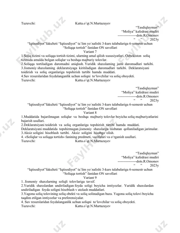 faoliyatining ayrim turlari boyicha qatiy belgilangan soliq. 3.import qilinadigan ishlar va xizmatlarga qoshilgan qiymat soligini toiash tartibi. 4. suv resurslaridan foydalanganlik uchun soliqni to‘lovchilar va soliq oboyekti. tuzuvchi: katta.o’qt.n.murtazayev “tasdiqlayman” “moliya” kafedrasi mudiri ----------------dots.r.omonov “ ” 2023y “iqtisodiyot”fakulteti “iqtisodiyot” ta`lim yo`nalishi 3-kurs talabalariga 6-semestr uchun “soliqqa tortish” fanidan on savollari variant 7 1.soliq tizimi va soliqqa tortish tizimi, ularning amal qilish xususiyatlari. ozbekiston soliq tizimida amalda bolgan soliqlar va boshqa majburiy tolovlar. 2.soliqqa tortiladigan daromadni aniqlash. yuridik shaxslaming jami daromadlari tarkibi. 3.jismoniy shaxslaming deklaratsiyaga kiritiladigan daromadlari tarkibi. deklaratsiyani toidirish va soliq organlariga topshirish tartibi hamda muddati. 4.suv resurslaridan foydalanganlik uchun soliqni to‘lovchilar va soliq oboyekti. tuzuvchi: katta.o’qt.n.murtazayev “tasdiqlayman” “moliya” kafedrasi mudiri ----------------dots.r.omonov “ ” 2023y “iqtisodiyot”fakulteti “iqtisodiyot” ta`lim yo`nalishi 3-kurs talabalariga 6-semestr uchun “soliqqa tortish” fanidan on savollari variant 8 1.muddatida bajarilmagan soliqlar va boshqa majburiy tolovlar boyicha soliq majburiyatlarini bajarish usullari. 2.deklaratsiyani toidirish va soliq organlariga topshirish tartibi hamda …