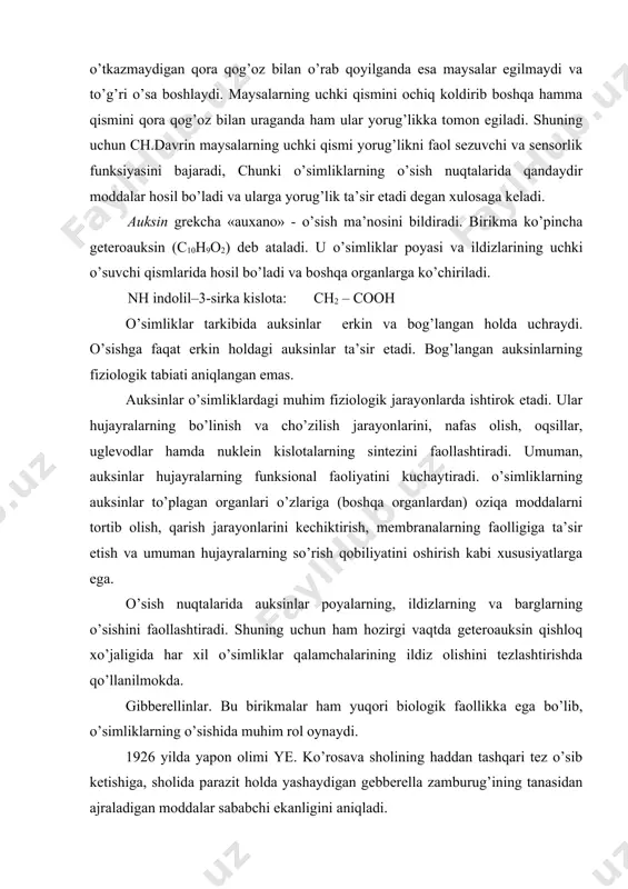 ri biologik faollikka ega bo’lib, o’simliklarning o’sishida muhim rol oynaydi. 1926 yilda yapon olimi ye. ko’rosava sholining haddan tashqari tez o’sib ketishiga, sholida parazit holda yashaydigan gebberella zamburug’ining tanasidan ajraladigan moddalar sababchi ekanligini aniqladi. 1938 yilda esa t. yabuta va sumiqilar birinchi marta gibberella zamburig’idan gibberellinni sof kristall holida ajratib oldilar va gibberellin (ga) deb nom berdilar. gibberellin kislotaning strukturaviy formulasini 1954 yilda ingliz olimi b.kross aniqladi. shu yildan boshlab avvalo aqsh va angliyada keyinchalik boshqa mamlakatlarda gibberellinlardan qishloq xo’jaligida foydalanila boshlandi. hozirgi vaqtda gibberellinlarning 60 dan oshiq xili borligi aniqlangan. bularning ichida eng ko’p o’rganilganlari: a1 - c19h24o6 a2 - c19h26o6 a3 - c19h22o6 a4 - c19c24o5 a3 – gibberellin kislotasi boshqalariga nisbatan faol xususiyatga ega bo’lganligi uchun ko’proq ishlatiladi. gibberellinlar asosan barglarda sintezlanadi. yorug’lik ularning sintez jarayonini kuchaytiradi. hosil bo’lgan gibberellinlar floema va ksilema oqimi bilan o’simlik tanasining boshqa qismlariga tarqaladi. ular asosan o’simliklarning yer ustki qismidagi meristematik …