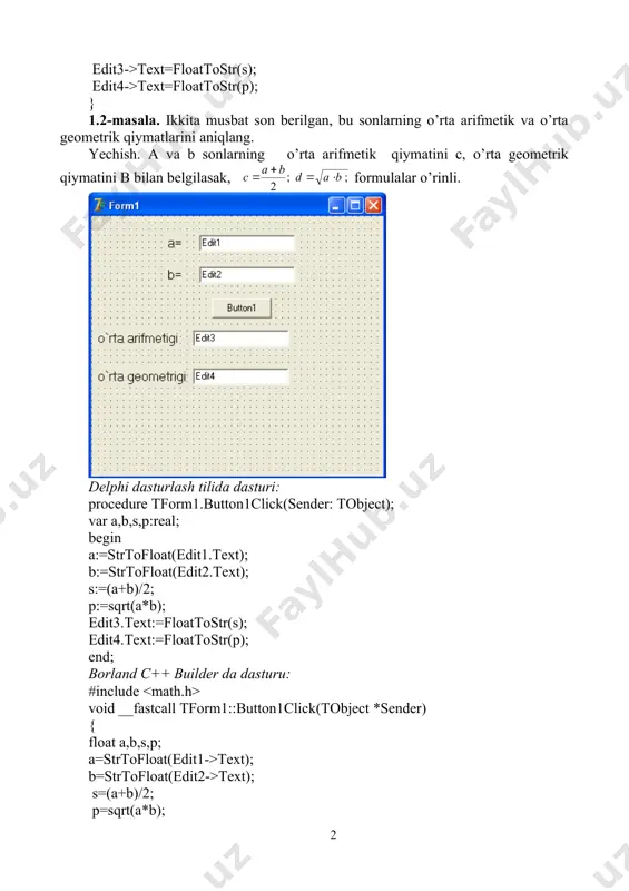 ttostr(p); borland c++ builder da dasturu: void __fastcall tform1::button1click(tobject *sender) { float a,b,s,p; a=strtofloat(edit1->text); b=strtofloat(edit2->text); s=a+b; p=2*(a*b); edit3->text=floattostr(s); edit4->text=floattostr(p); } 1.4-masala. r1, r2, r3 uchta qarshiliklar ketma-ket ulangan zanjirning qarshiligini aniqlang. yechish. zanjirning umumiy qarshiligi r bilan belgilasak, ketma-ket ulashda formulalar o’rinli bo’ladi. delphi dasturlash tilida dasturi: procedure tform1.button1click(sender: tobject); var r1,r2,r3,r:real; begin r1:=strtofloat(edit1.text); r2:=strtofloat(edit2.text); r3:=strtofloat(edit3.text); r:=r1+r2+r3; edit4.text:=floattostr(r); end; borland c++ builder da dasturu: void __fastcall tform1::button1click(tobject *sender) { float r1,r2,r3,r; r1=strtofloat(edit1->text); r2=strtofloat(edit2->text); r3=strtofloat(edit3->text); r=r1+r2+r3; edit4->text=floattostr(r); } 1.5-masala. massalari m1 va m2 (kg) ga teng, oralaridagi masofa r (m) ga teng bo’lgan ikkita jismning o’zaro tortilish kuchi f aniqlansin. bunda gravitatsion doimiy g=6,672∙10-11 (n∙m2/kg2) deb olinsin. yechish. butun olam tortilish qonuniga ko’ra ; erning massasi oyning massasi er bilan oy orasidagi masofa izoh. er bilan oyning massalari kilogrammda, masofa mertda, kuch nyutonda o’lchanadi. delphi dasturlash tilida dasturi: procedure tform1.button1click(sender: tobject); const g=6.672e-11; var m1,m2,r,f:real; begin m1:=strtofloat(edit1.text); m2:=strtofloat(edit2.text); r:=strtofloat(edit3.text); f:=g*m1*m2/(r*r); edit4.text:=floattostr(f); …