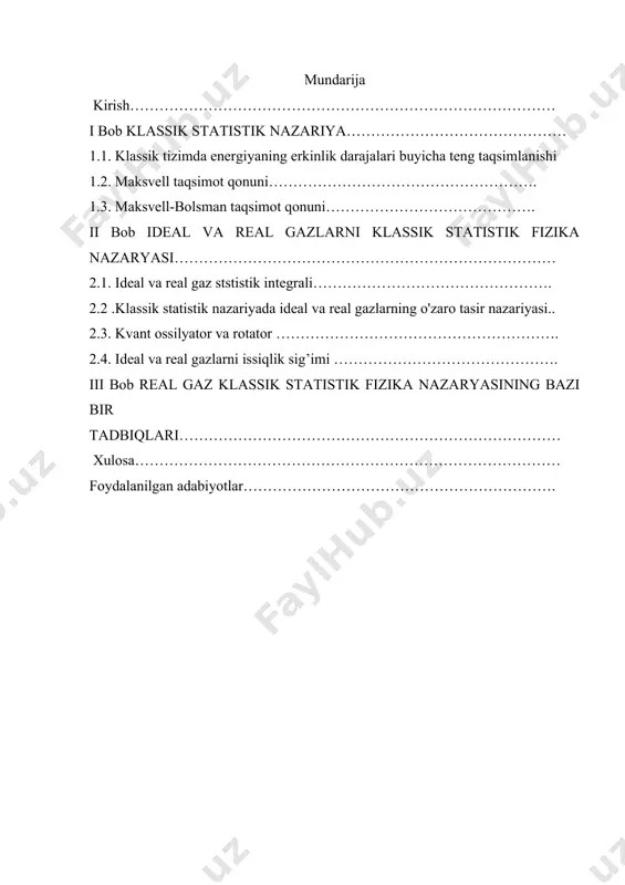 arni issiqlik sig’imi 2018-yil may iii bob real gaz klassik statistik fizika nazaryasining bazi bir tadbiqlari 3.1 real gazning statistik integrali asosida bosimni aniqlash bitiruv malakviy ishni bajarish uchun zarur bo’lgan materiallar: a) adabiyot manbalari: 1. “баркамол авлод орзуси” тошкент: ўзбекистон 1999 йил. 2. давлат таълим стандарти. ахборотнома – т: 1999 йил. 3. боголюбов н. н. проблемы динамической теории в статистической физике, м—л., 1946. 4. пригожин и. неравновесная статистическая механиқа "мир", м. 1964. 5. гиббсдж. в. основные принципы статистической механиқи. м—л, 1946. 6. кубо р. статистическая механиқа, "мир", м., 1967. 7. зубарев д. н. неравновесная статистическая термодинамика "наука", м. 1971. 8. задачи по термодинамике и статистической физике; под ред. ландсберга п., "мир", м. 1974. 9. айзеншиц р. статистическая теория необратимых процессов ил, м. 1963. 10. винер р. кибернетика или управление и связь в животном и машине. "сов. радио", м. 1958. 11. левич в. г. введение в статистическую физику гт из-во., …