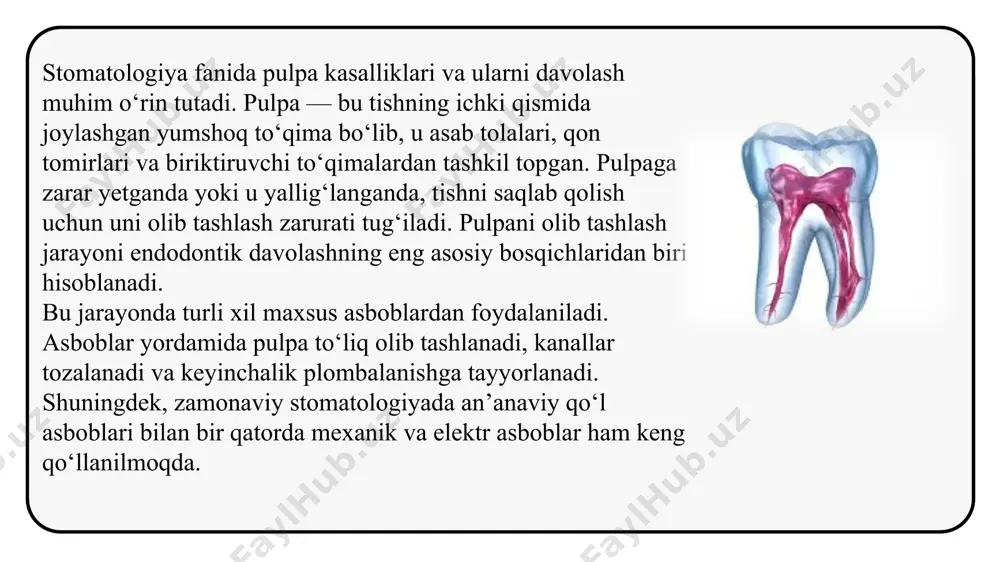 hart. ular avtoklavda yuqori bosim va haroratda tozalab dezinfeksiya qilinadi. bir martalik asboblar ishlatilgach, yo‘q qilinadi. xavfsizlik qoidalariga rioya etish, ya’ni asboblarni to‘g‘ri ishlatish va bemor bilan gigiyenik talablarga amal qilish infeksiya tarqalishini oldini oladi. bu esa davolash samaradorligi va bemor salomatligini ta’minlaydi. zamonaviy stomatologiyada mexanik va elektr asboblar qo‘llanilishi kengaymoqda. mexanik asboblar kanalni kengaytirish va tozalashni tezlashtiradi. elektr asboblar esa yuqori aniqlikda pulpa qoldiqlarini olib tashlash imkonini beradi. ularning ishlash tamoyili aylanish harakatiga asoslangan bo‘lib, vaqtni tejash va sifatni oshirishga xizmat qiladi. shuningdek, bu asboblar og‘riqni kamaytiradi va davolashni yengillashtiradi. pulpani olish jarayonida asboblardan foydalanish ketma-ketligi pulpani olish jarayoni qat’iy ketma-ketlikda amalga oshiriladi. avvalo, tish og‘riqsizlantiriladi va kavita ochiladi. so‘ngra qo‘l asboblari yordamida pulpa ildiz kanalidan bosqichma-bosqich olib tashlanadi. fayllar va reamerlar kanallarni kengaytirish uchun qo‘llaniladi. kanal ichidagi qoldiqlarni tozalash va dezinfeksiya qilish jarayonidan keyin plombalashga tayyorlanadi. ketma-ketlikka rioya qilish davolash samaradorligini ta’minlaydi. zamonaviy texnologiyalar asosida ishlab chiqilgan yangi …